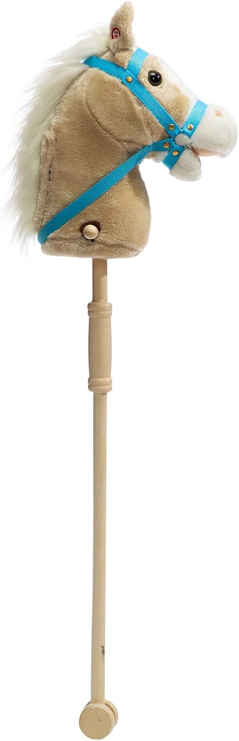 HollyHOME Stick Horse Plush Handcrafted Hobby Horse on a Stick with Wood Wheels Real Pony Neighing and Galloping Sounds for Kids Toddlers Beige 36 Inches(AA Batteries Required)