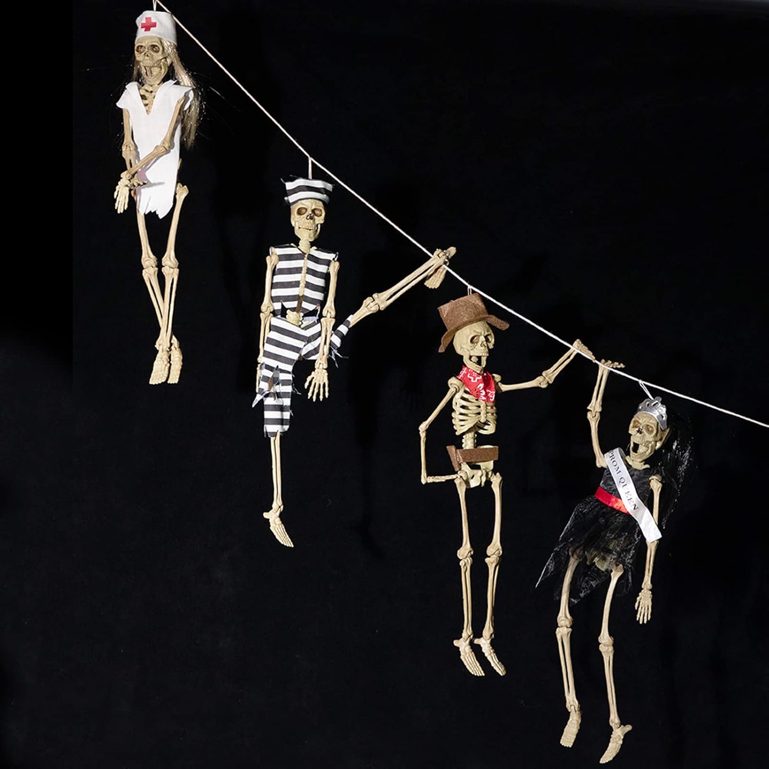 HollyHOME 17 Inch 4 Pieces Halloween Hanging Skeleton Props Skeleton Figures with Dress Haunted House