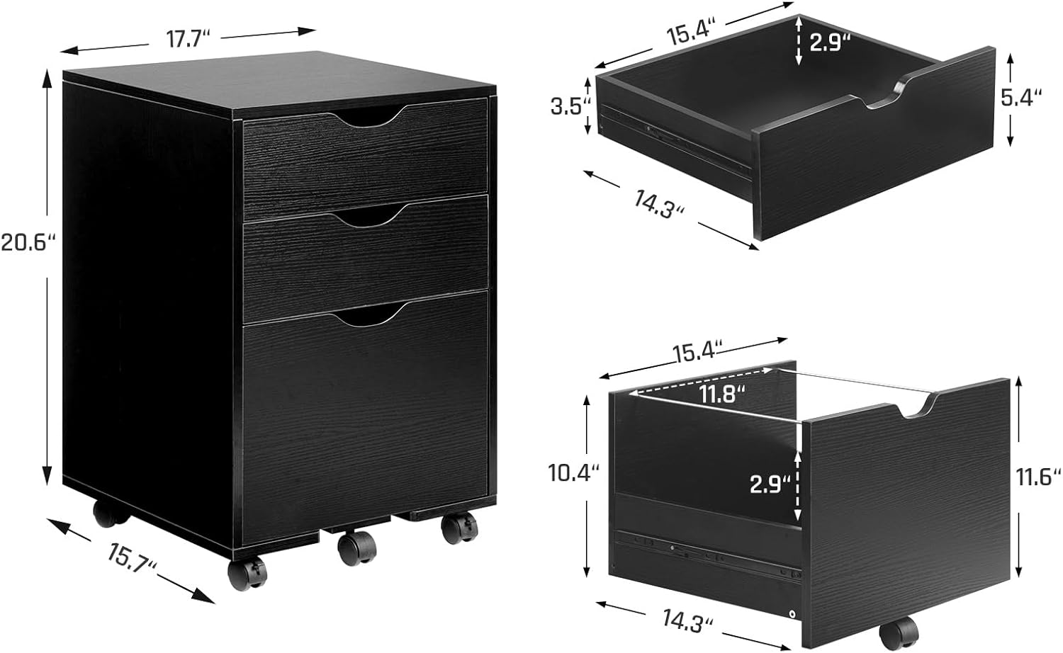 HollyHOME Black 3-Drawer Wood File Cabinet