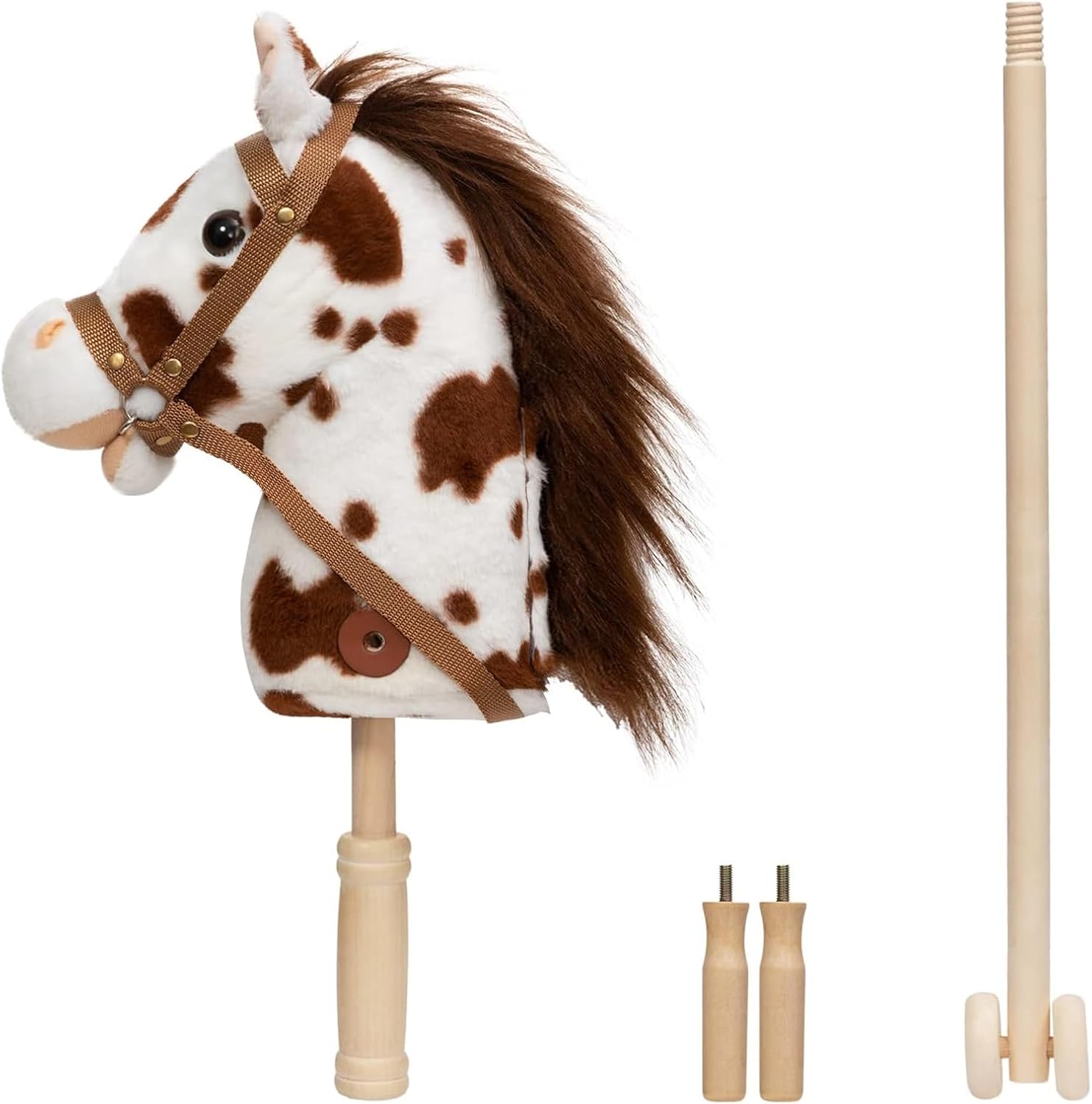 HollyHOME Stick Horse Plush Handcrafted Hobby Horse on a Stick with Wood Wheels Real Pony Neighing and Galloping Sounds for Kids Toddlers Beige 36 Inches(AA Batteries Required)