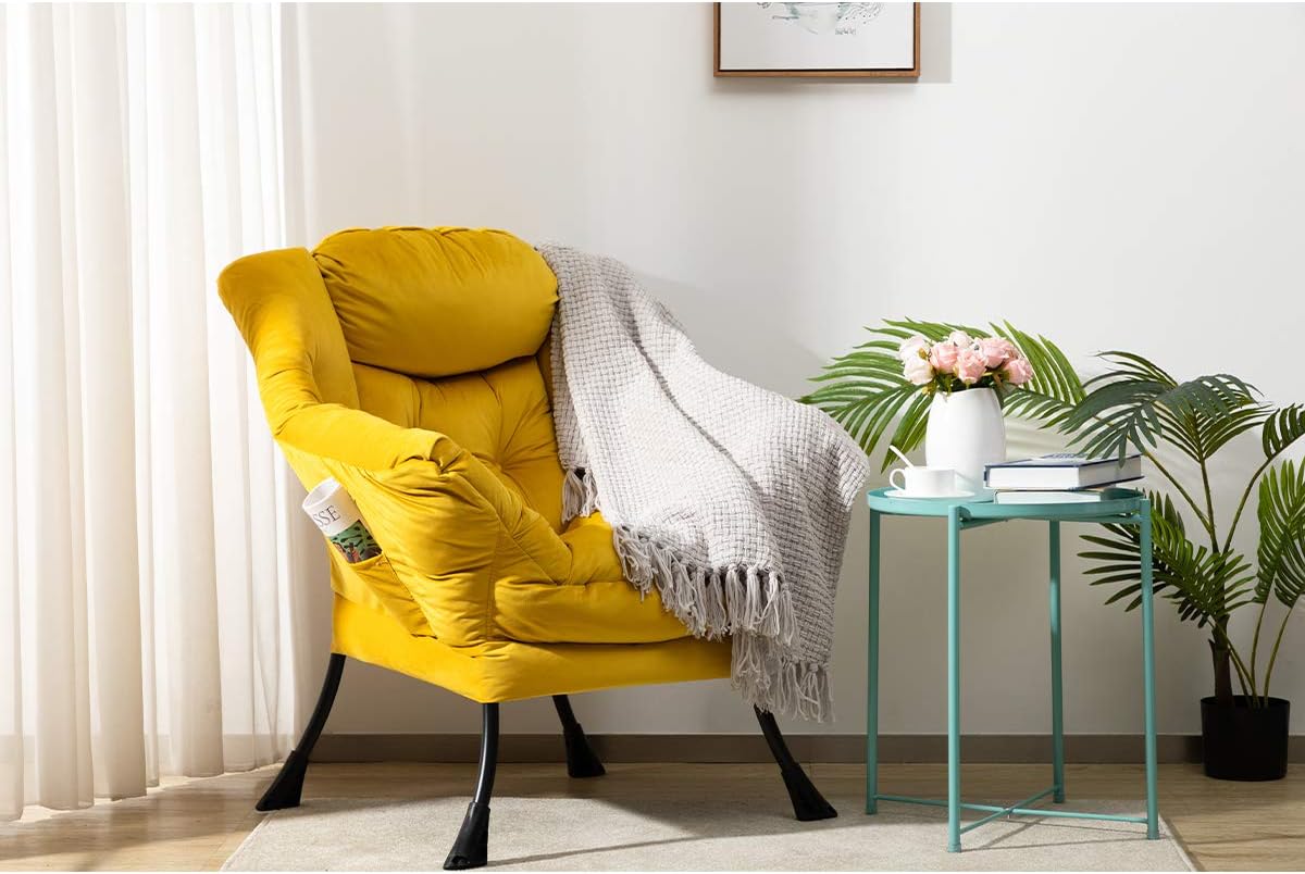 HollyHOME Modern Fabric Large Lazy Chair, Accent Oversized Comfy Reading Chair, Thick Padded Cozy Lounge Chair with Armrest, Steel Frame Leisure Sofa Chair for Living Room, Bedroom, Dorm, Yellow