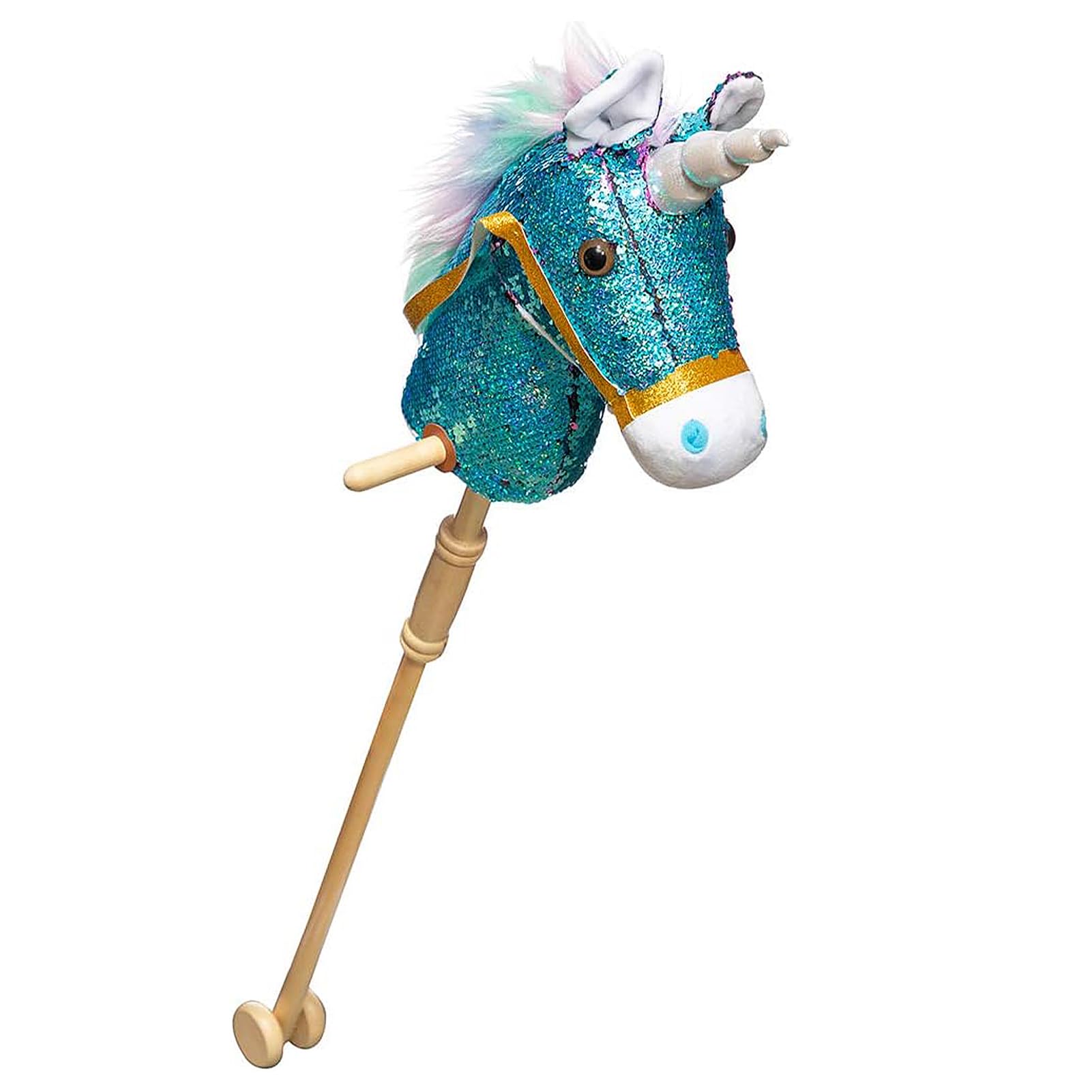 HollyHOME Unicorn Stick Horse with Wood Wheels Real Pony Neighing and Galloping Sounds Plush Unicorn Toy Pink with Rainbow Mane 36 Inches(AA Batteries Required)