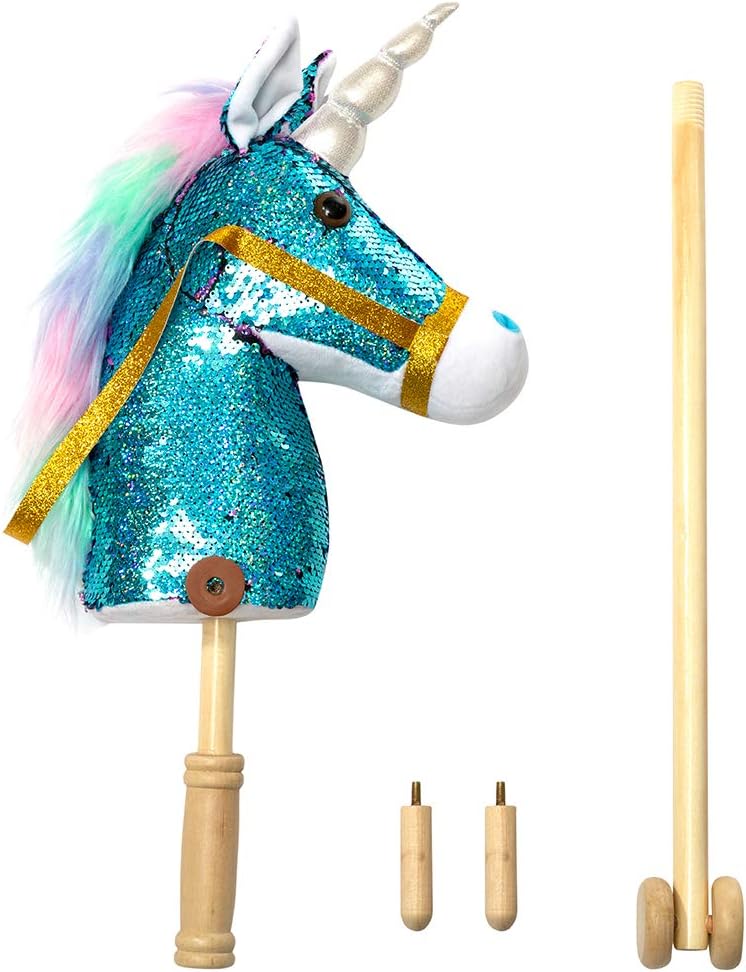 HollyHOME Sequin Unicorn Stick Horse Handcrafted Hobby Horse on a Stick with Wood Wheels Real Pony Neighing and Galloping Sounds Plush Unicorn Toy Blue 36 Inches(AA Batteries Required)