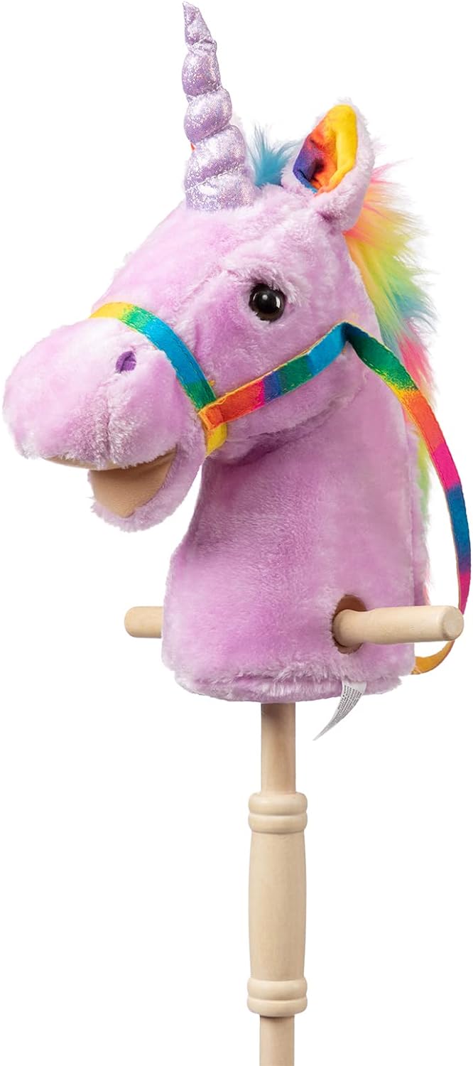 HollyHOME Unicorn Stick Horse Handcrafted Hobby Horse on a Stick with Wood Wheels Real Pony Neighing and Galloping Sounds Plush Unicorn Toy Purple 36 Inches(AA Batteries Required)