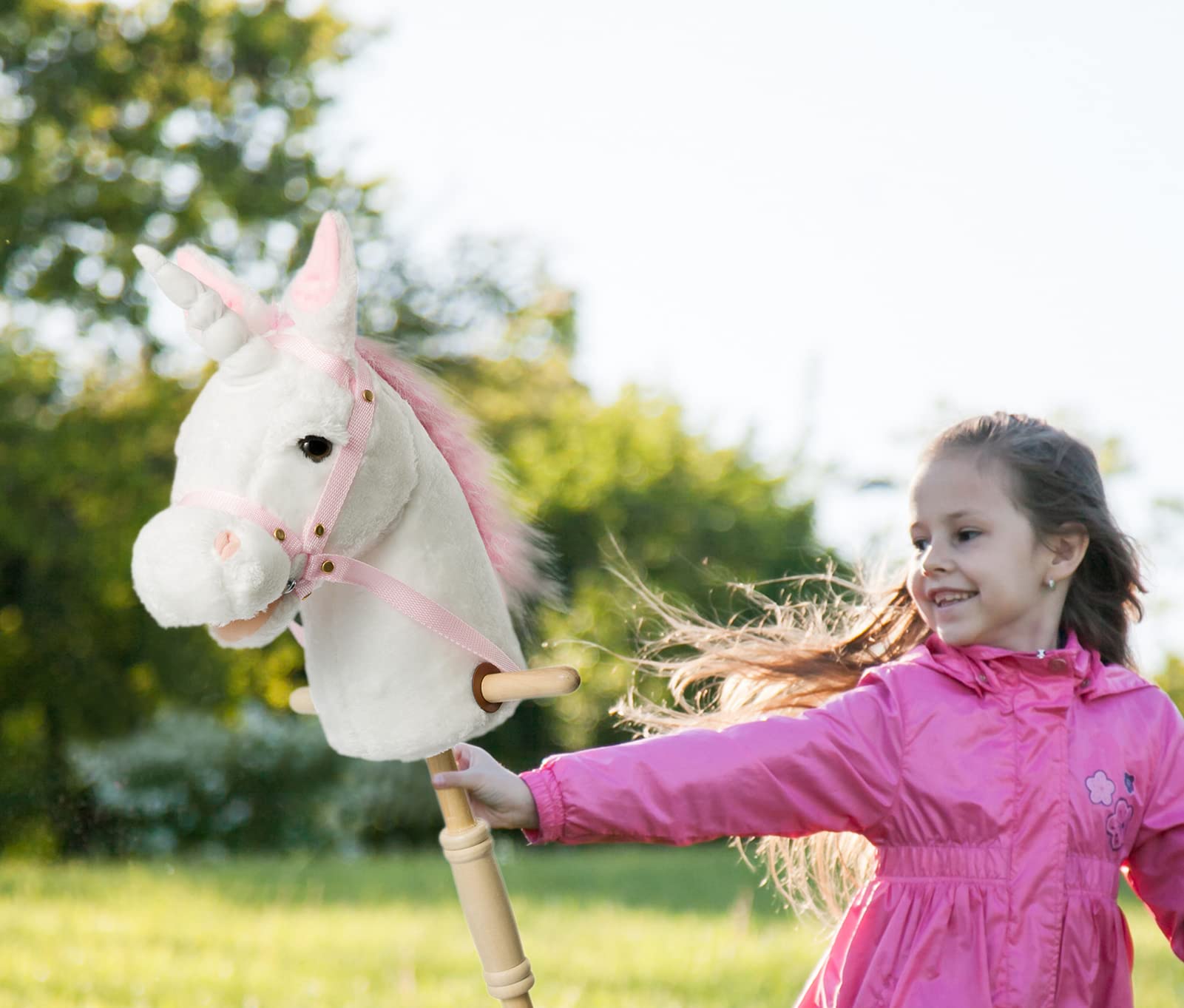 HollyHOME Unicorn Stick Horse with Wood Wheels Real Pony Neighing and Galloping Sounds Plush Unicorn Toy Pink with Rainbow Mane 36 Inches(AA Batteries Required)