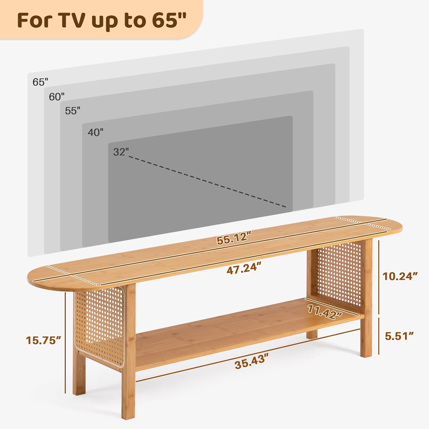 HollyHOME Bamboo TV Stand with Storage (Rattan Side)