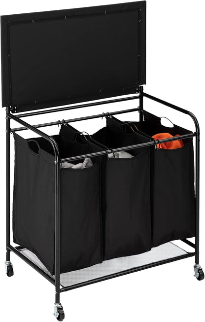 HollyHOME Rectangular Laundry Sorter with Folding Ironing Board, 3-Section Laundry Basket Sorter with Lockable Wheels for Laundry Bedroom Bathroom Living Room Black