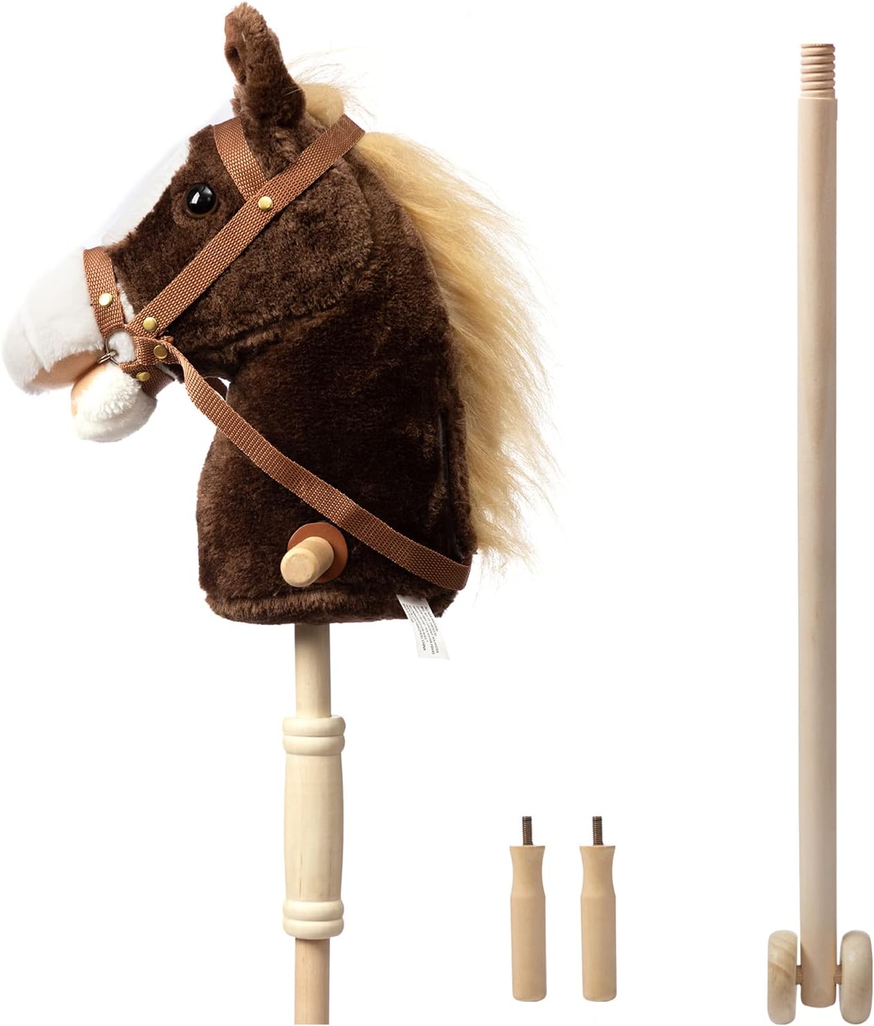 HollyHOME Stick Horse Plush Handcrafted Hobby Horse on a Stick with Wood Wheels Real Pony Neighing and Galloping Sounds for Kids Toddlers Beige 36 Inches(AA Batteries Required)