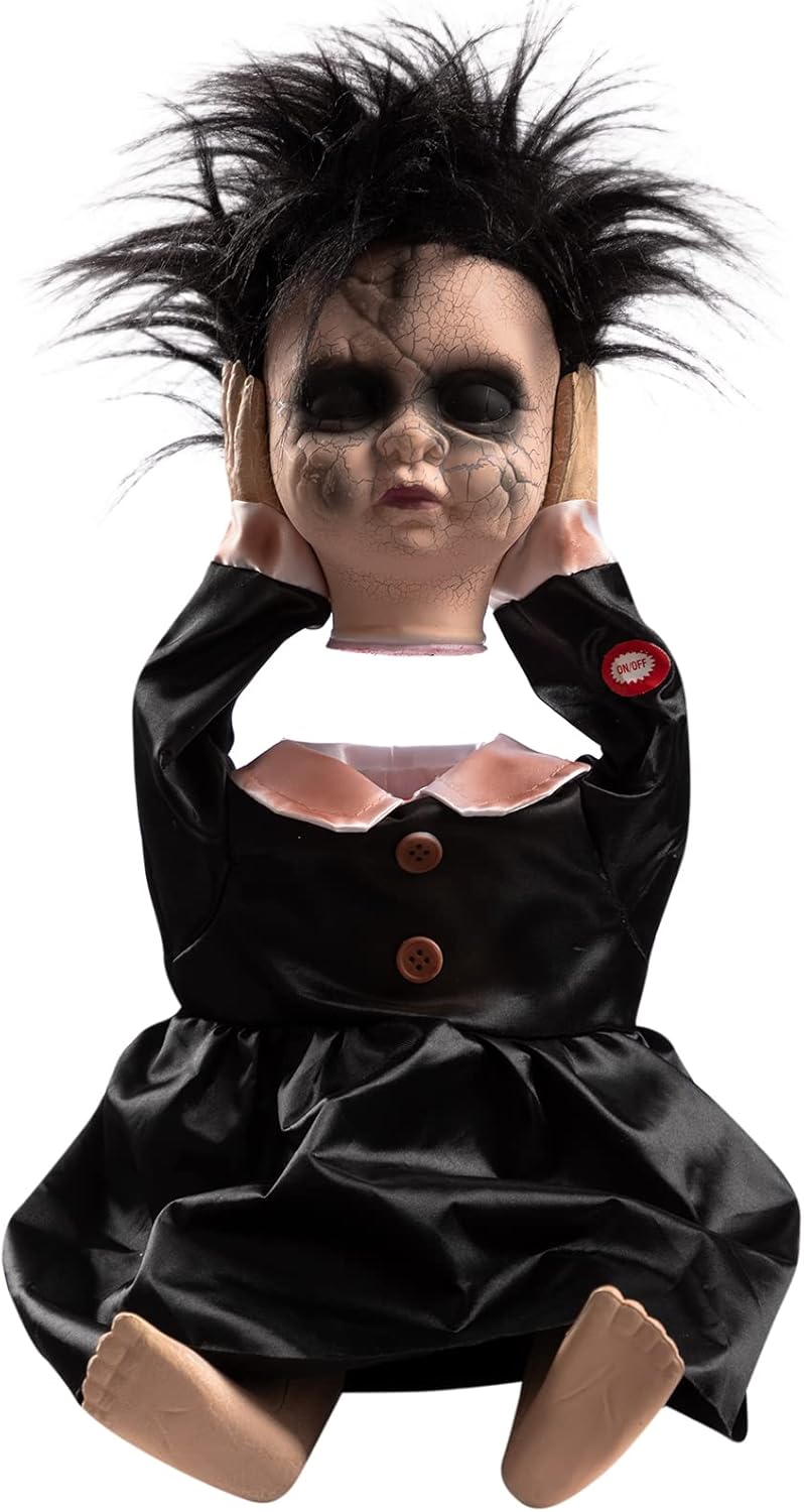 HollyHOME Halloween Decorations Creepy Animated Haunted Doll Prop with Moving Head Gift for Halloween Black