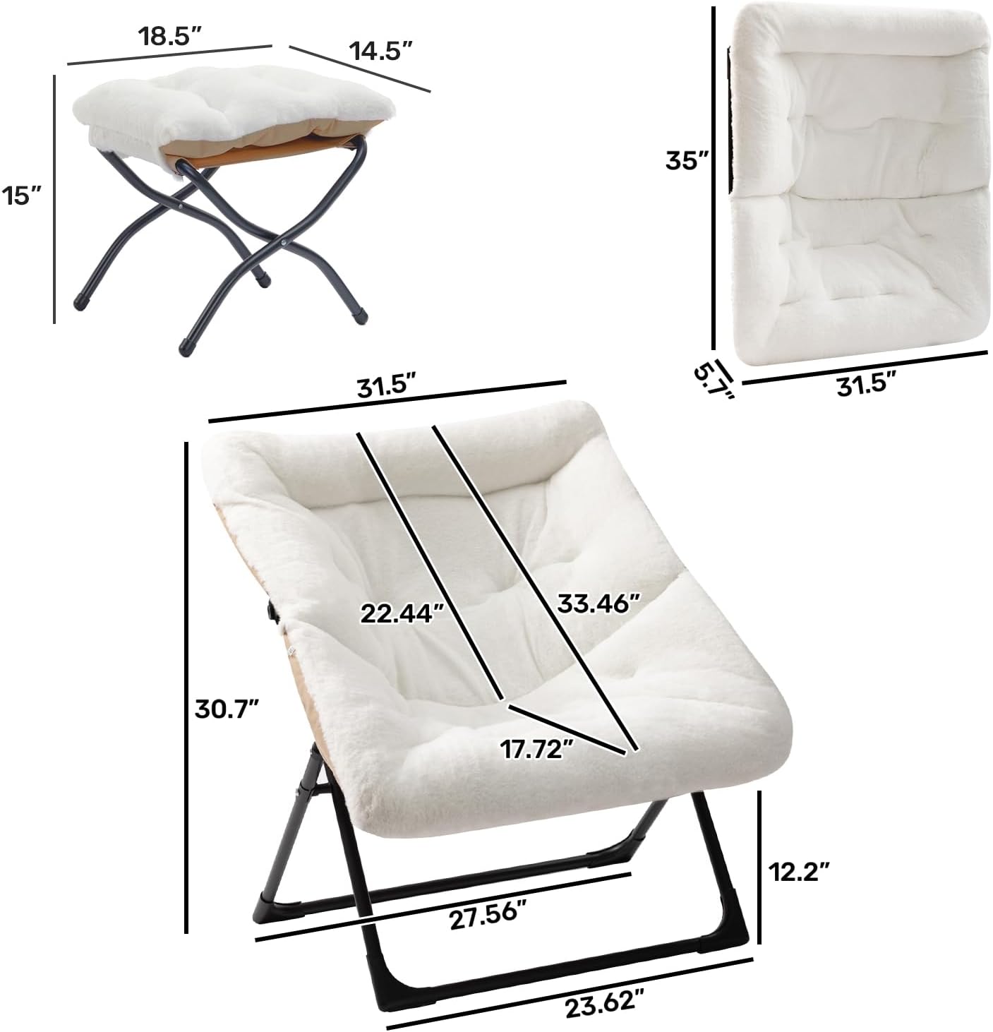 HollyHOME X-Large Saucer Chair with Foldable Ottoman, Comfy Oversized Folding Chair and Folding Footrest Stool Set, Faux-Fur Reading Chair and Footstool for Living Room, Bedroom, White Chair&Stool