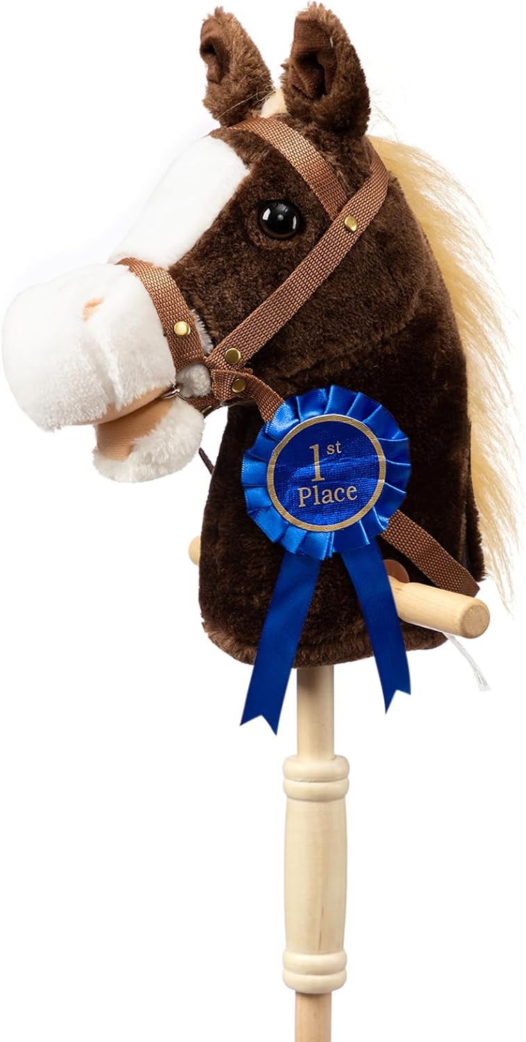 HollyHOME Stick Horse Plush Handcrafted Hobby Horse on a Stick with Wood Wheels Real Pony Neighing and Galloping Sounds for Kids Toddlers Beige 36 Inches(AA Batteries Required)