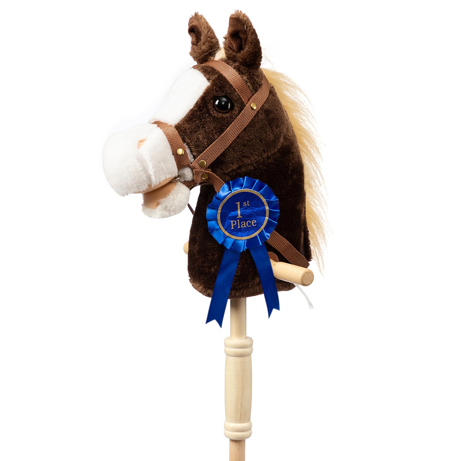 HollyHOME Stick Horse Plush with Detachable Blue Ribbon Champion Hobby Horse on Stick with Wood Wheels Real Pony Neighing for Kids Toddlers Chocolate 36 Inches(AA Batteries Required)