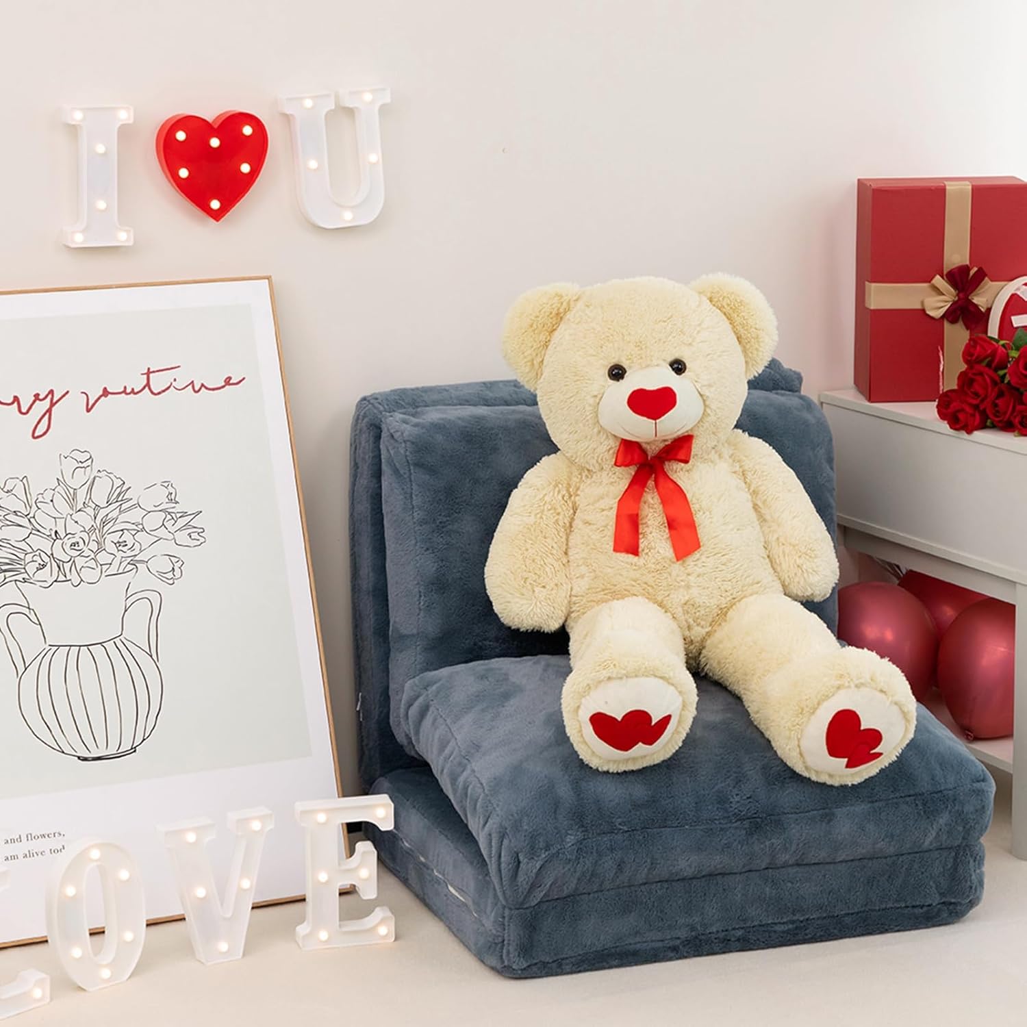 HollyHOME Big Teddy Bear Stuffed Animal Large Bear Plush with Red Heart for Girlfriend and Kids Valentine's Day 36 inch Beige