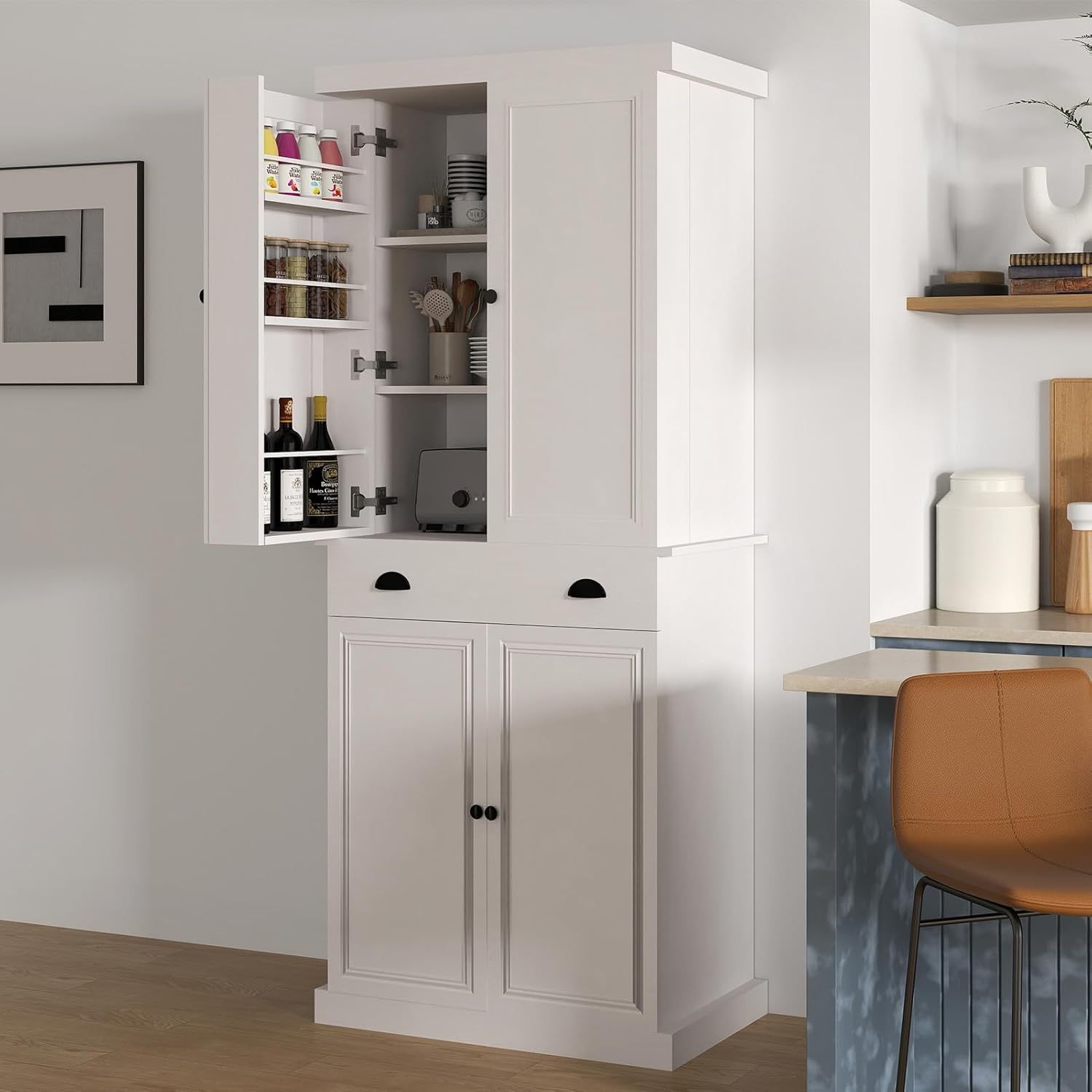 HollyHOME Kitchen Pantry Cabinet White（4-Door with Sliding Shelves）