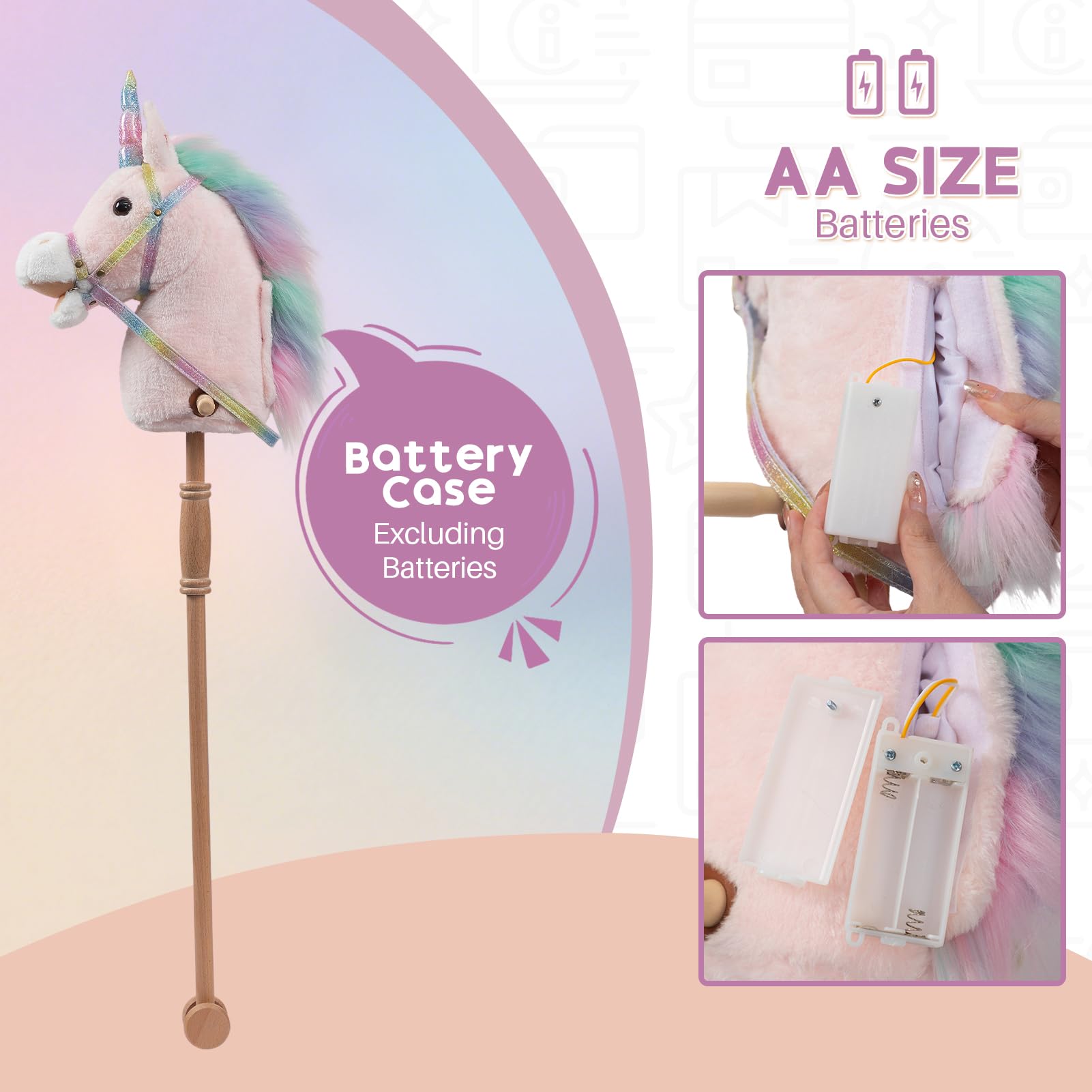 HollyHOME Unicorn Stick Horse with Wood Wheels Real Pony Neighing and Galloping Sounds Plush Unicorn Toy Pink with Rainbow Mane 36 Inches(AA Batteries Required)