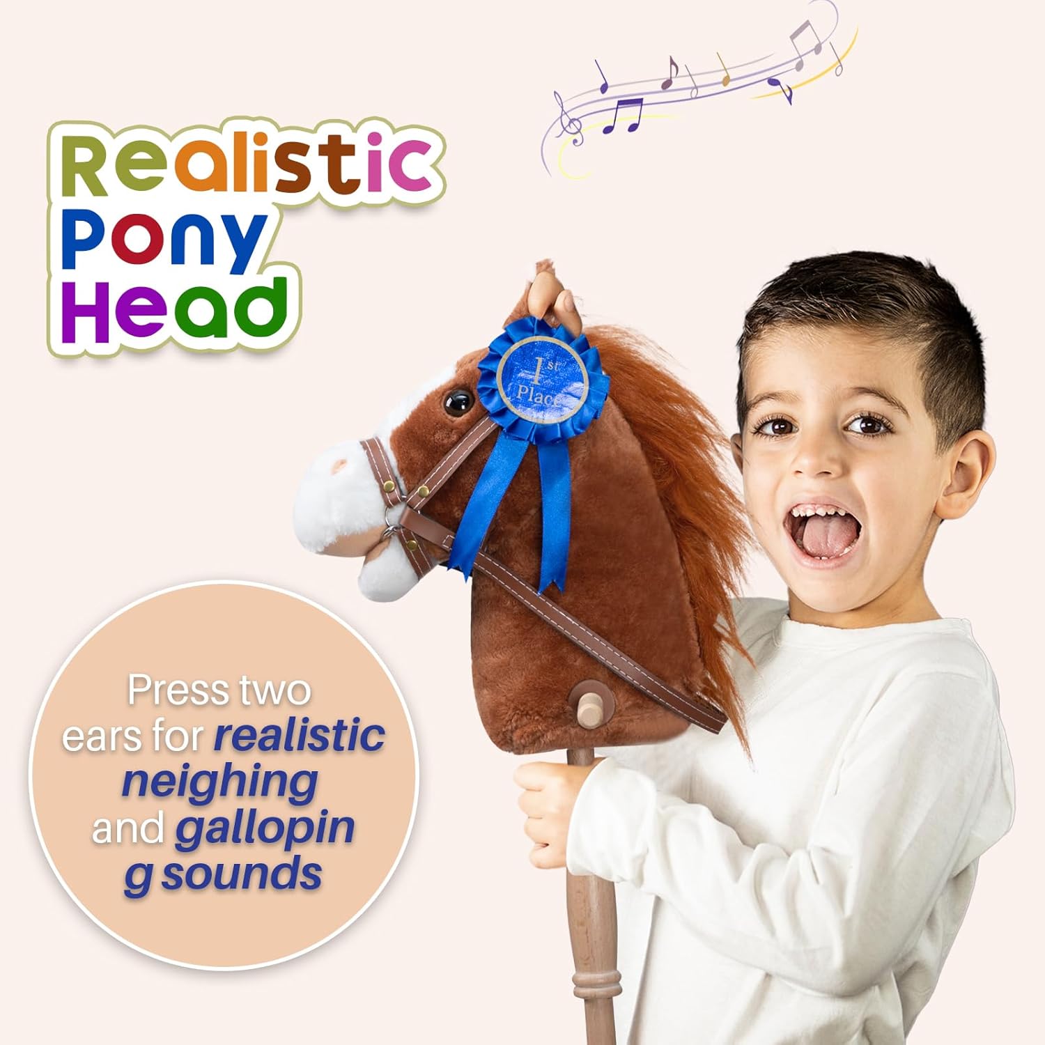 HollyHOME Stick Horse Plush Handcrafted Hobby Horse on a Stick with Wood Wheels Real Pony Neighing and Galloping Sounds for Kids Toddlers Appaloosa 36 Inches (AA Batteries Required)