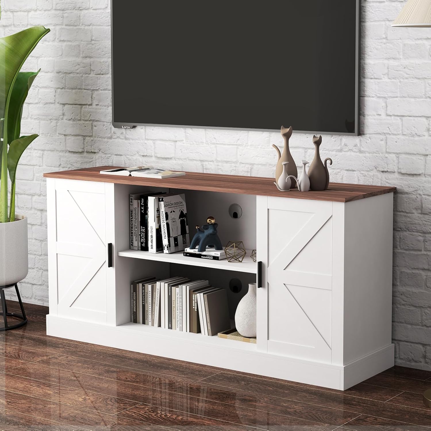 HollyHOME White Farmhouse TV Stand for Televisions up to 65”