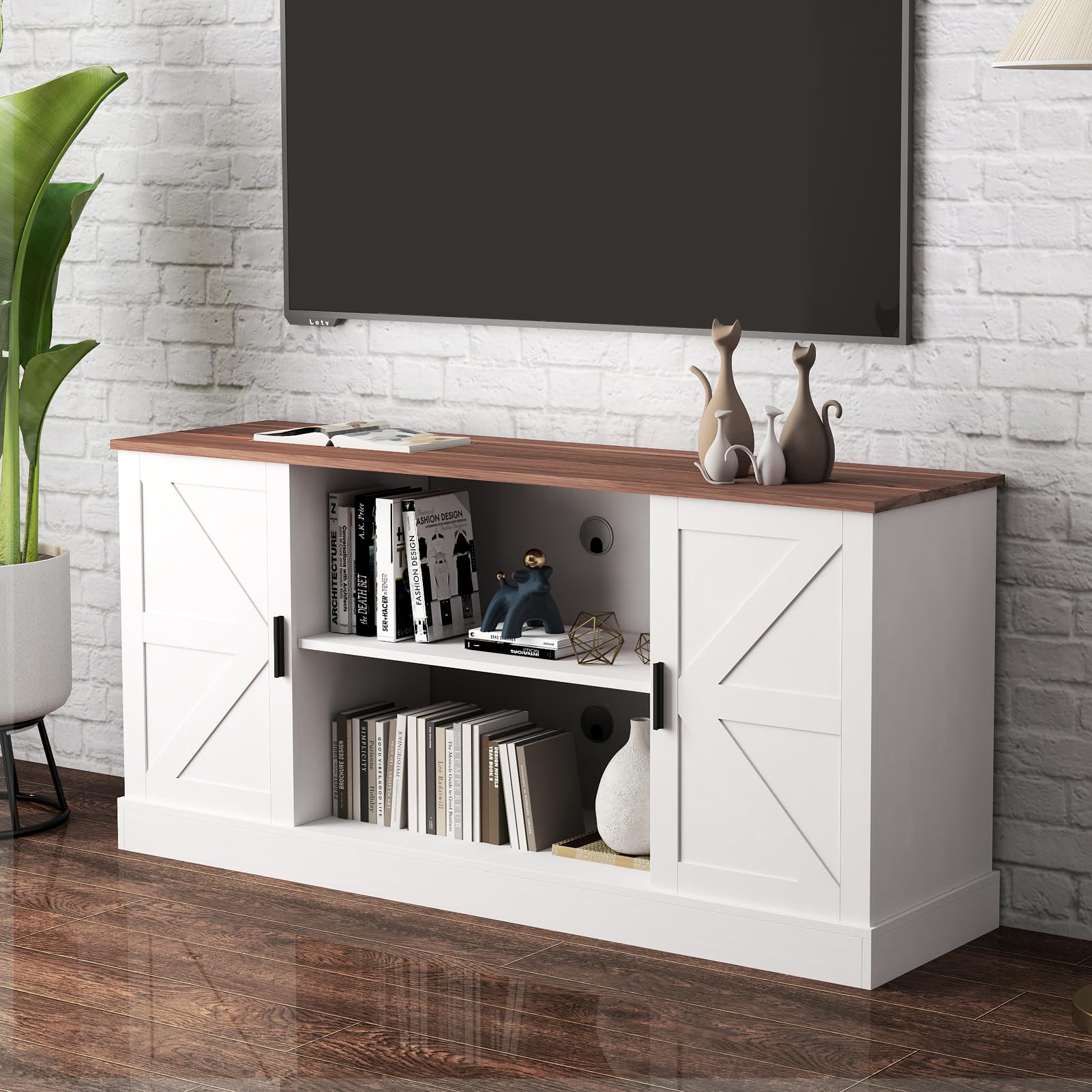 HollyHOME White Farmhouse TV Stand for Televisions up to 65”