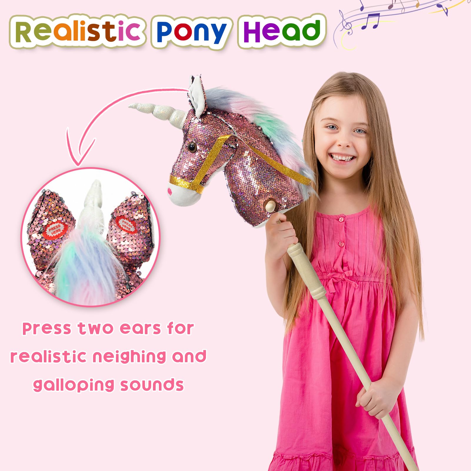 HollyHOME Unicorn Stick Horse with Wood Wheels Real Pony Neighing and Galloping Sounds Plush Unicorn Toy Pink with Rainbow Mane 36 Inches(AA Batteries Required)