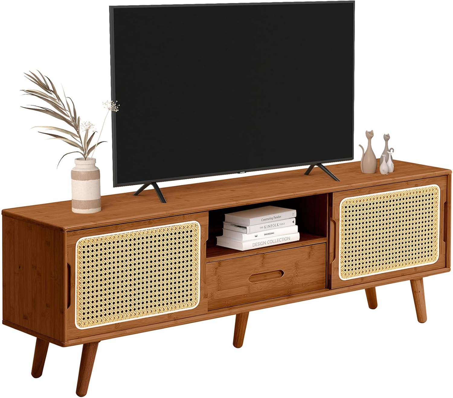 HollyHOME Bamboo TV Stand(Walnut Rattan and Drawer)
