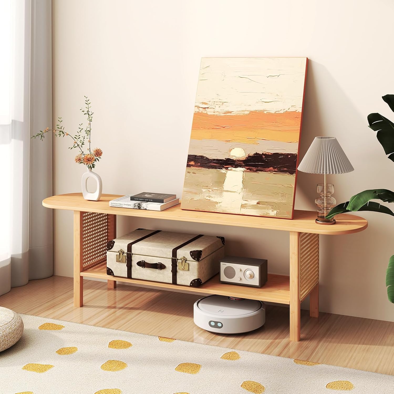 HollyHOME Bamboo TV Stand with Storage (Rattan Side)