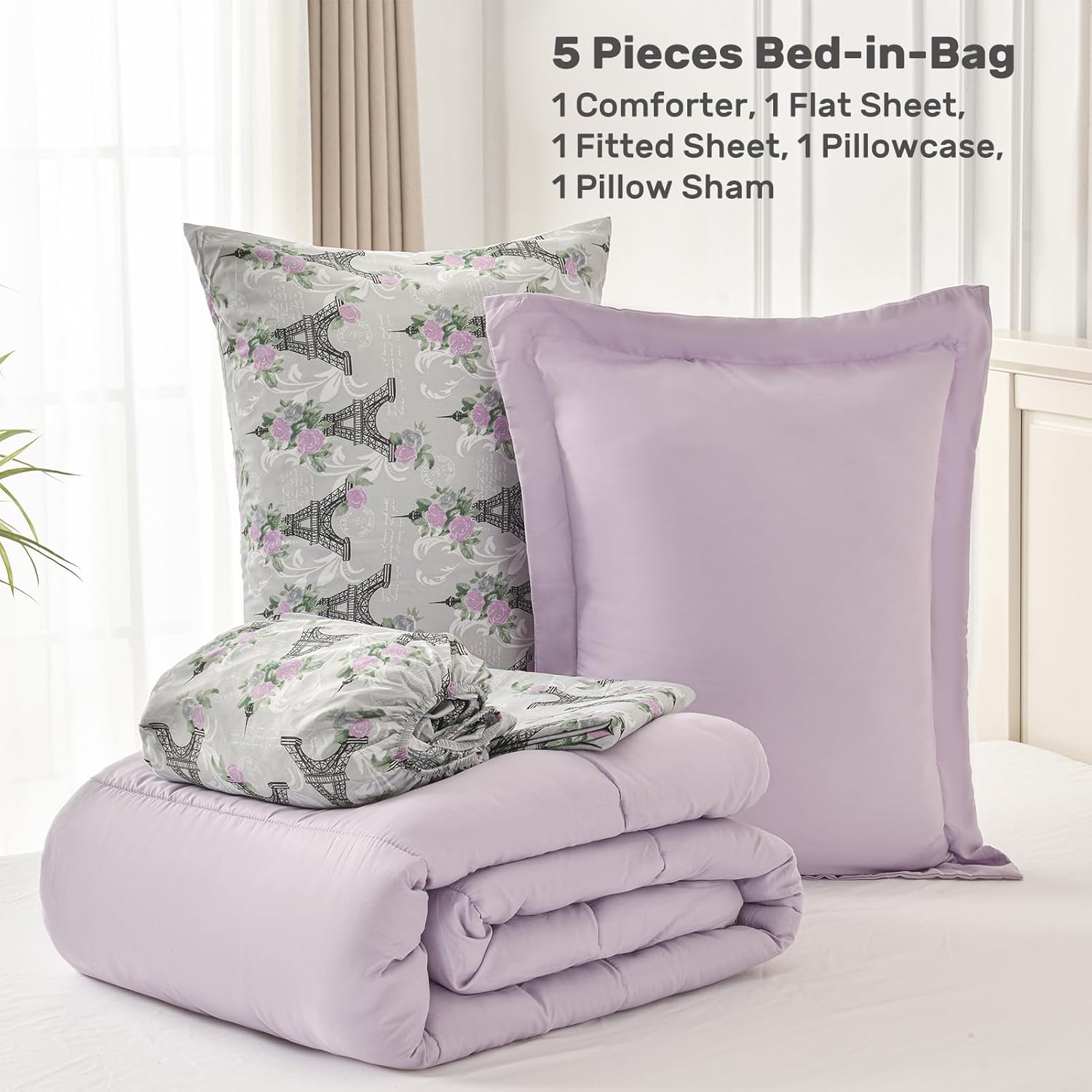 HollyHOME Queen Comforter Set, 7 Pieces Bedding Set, Purple Comforter Set with Eiffel Tower Floral Sheet Set, Queen Size Bed in a Bag for All Season, Light Purple