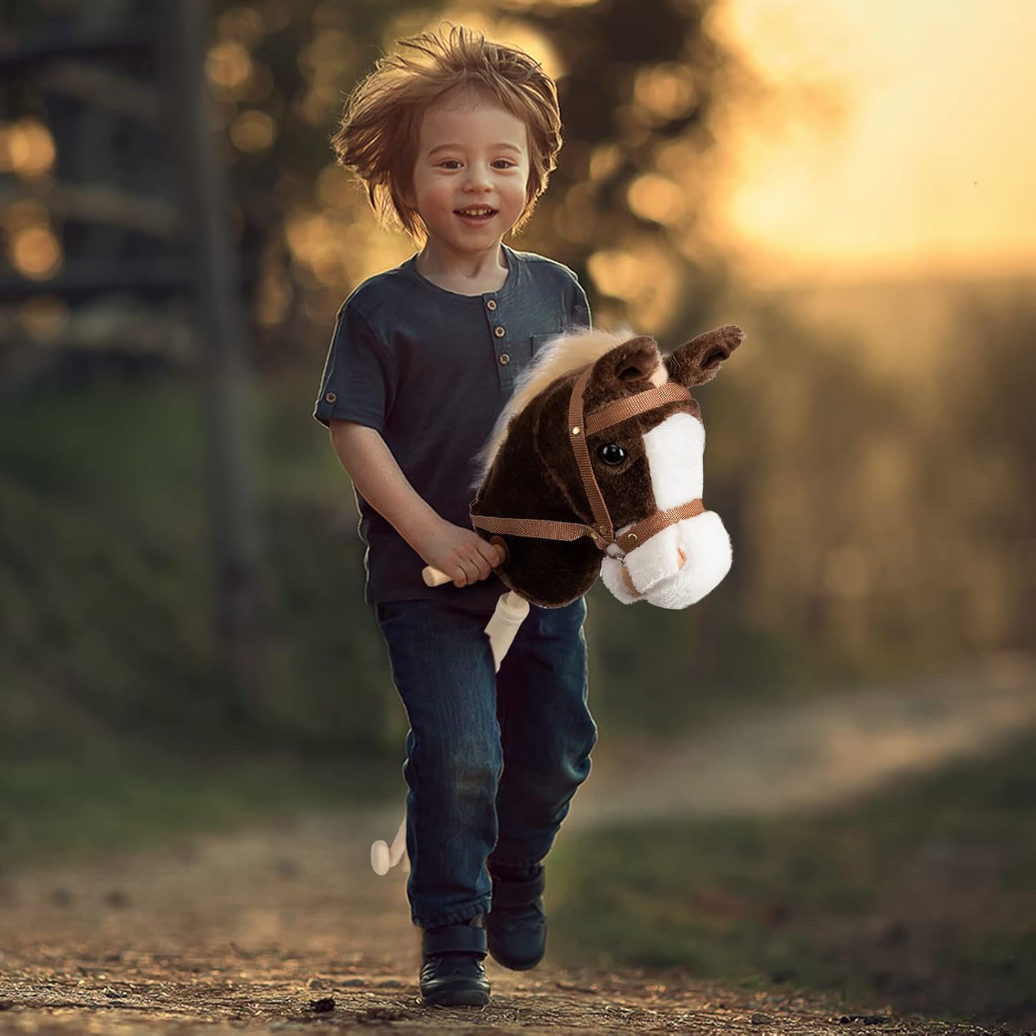 HollyHOME Stick Horse Plush with Detachable Blue Ribbon Champion Hobby Horse on Stick with Wood Wheels Real Pony Neighing for Kids Toddlers Chocolate 36 Inches(AA Batteries Required)