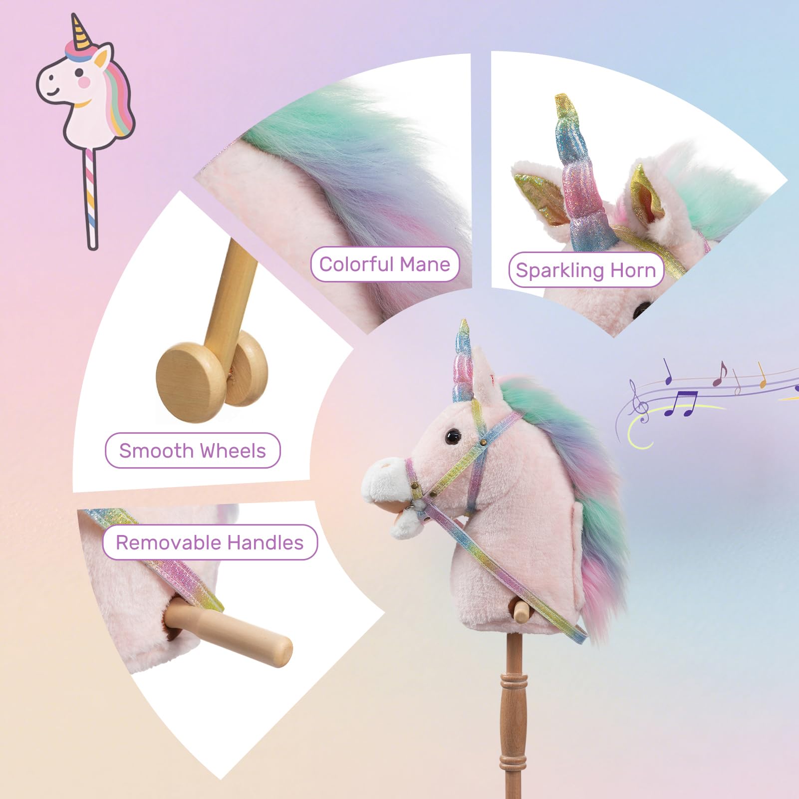 HollyHOME Unicorn Stick Horse with Wood Wheels Real Pony Neighing and Galloping Sounds Plush Unicorn Toy Pink with Rainbow Mane 36 Inches(AA Batteries Required)
