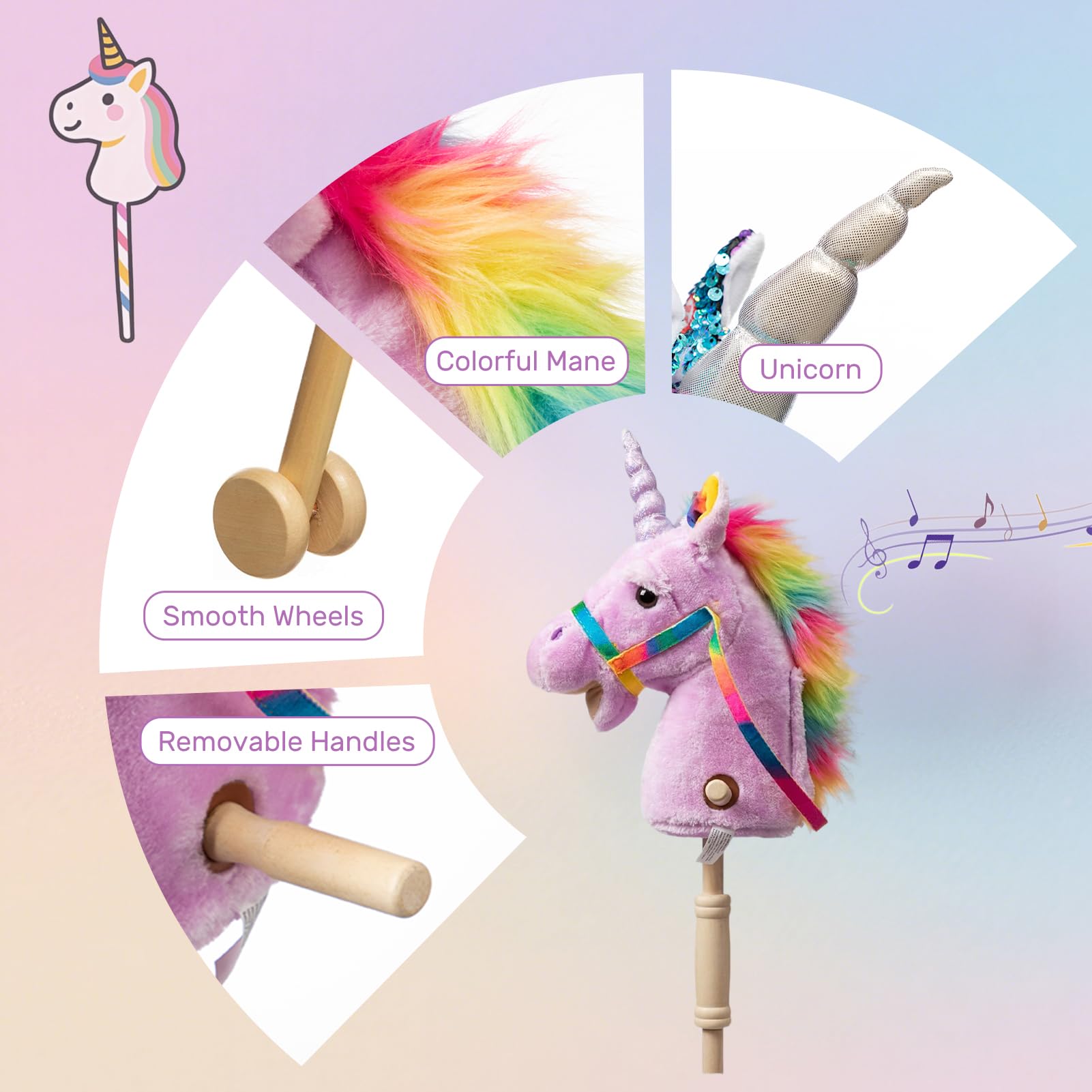 HollyHOME Unicorn Stick Horse with Wood Wheels Real Pony Neighing and Galloping Sounds Plush Unicorn Toy Pink with Rainbow Mane 36 Inches(AA Batteries Required)