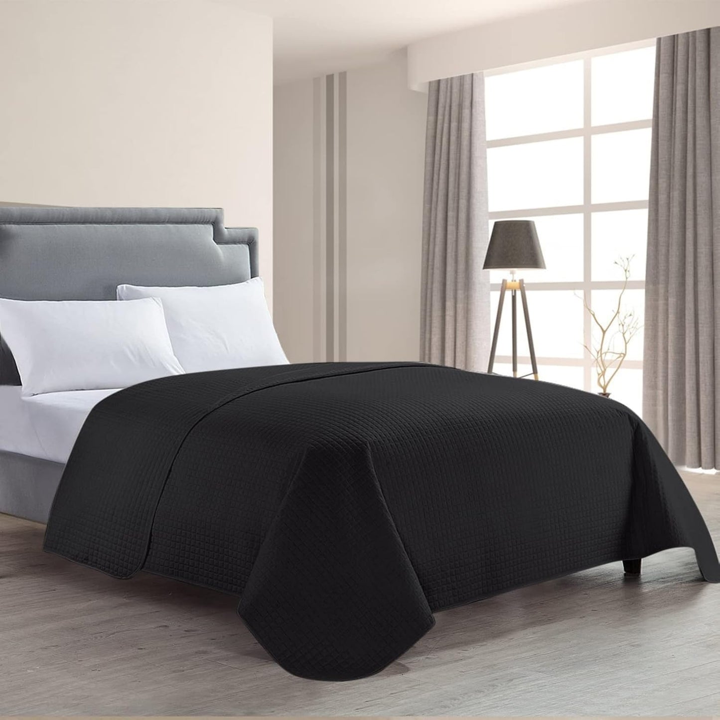 HollyHOME Luxury Checkered Super Soft Solid Single Pinsonic Bed Quilt Bedspread Bed Cover, Black, Twin