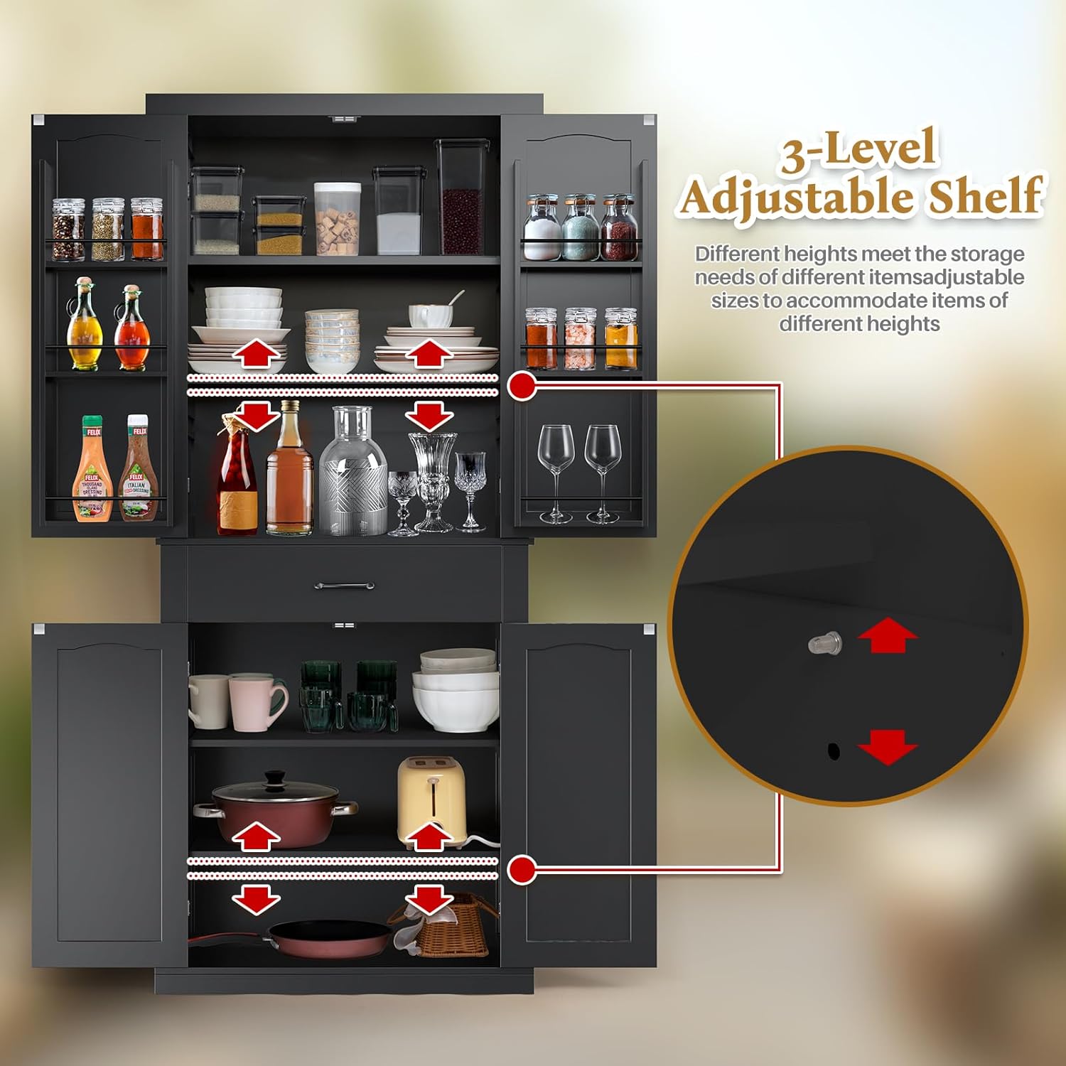 HollyHOME Kitchen Pantry Cabinet Black（4-Door）