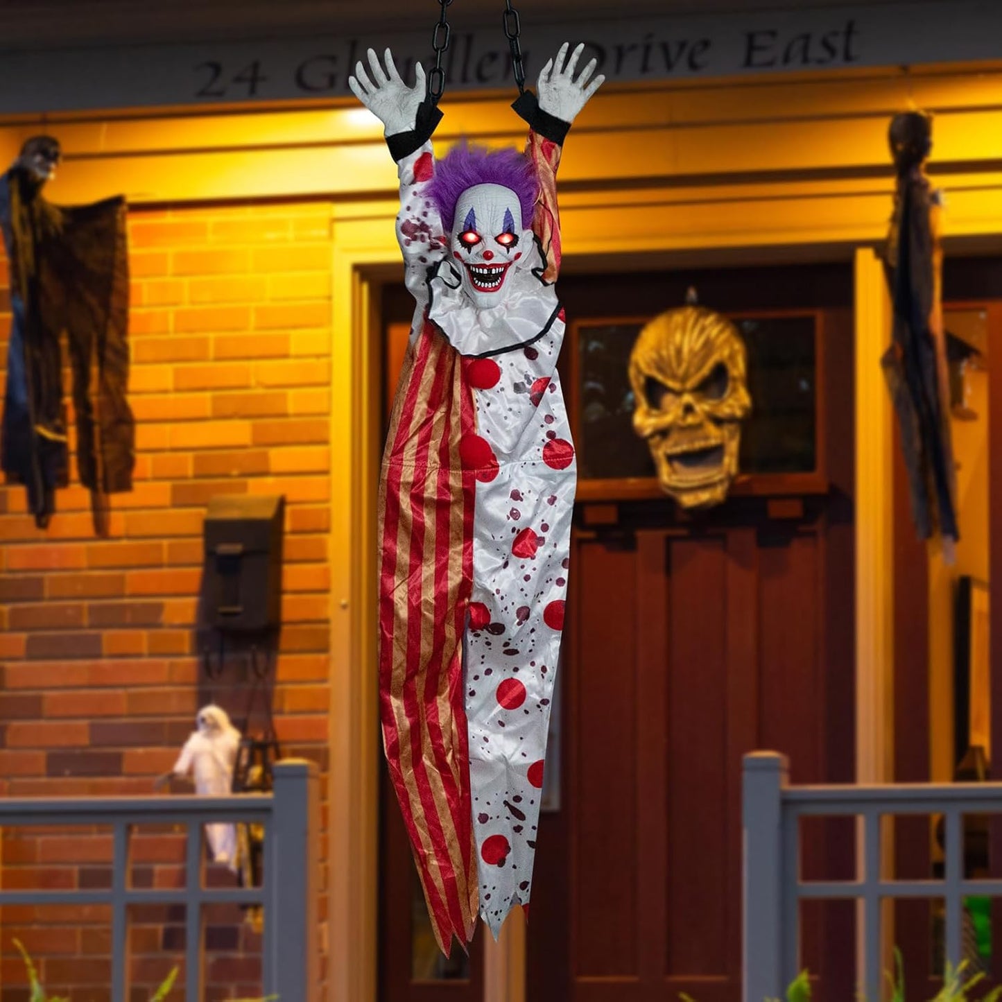 HollyHOME Halloween Animated Hanging Clown with Glowing Eyes Creepy Sound and Shaking Body Halloween Decorations Outdoor Scary Haunted House Outdoor Prop Decor 60'' Red