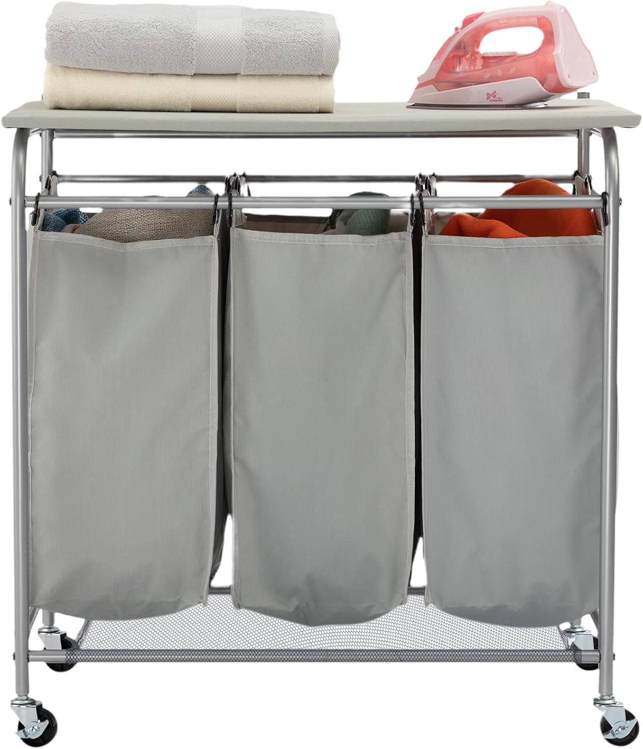 HollyHOME Rectangular Laundry Sorter with Folding Ironing Board, 3-Section Laundry Basket Sorter with Lockable Wheels for Laundry Bedroom Bathroom Living Room Grey