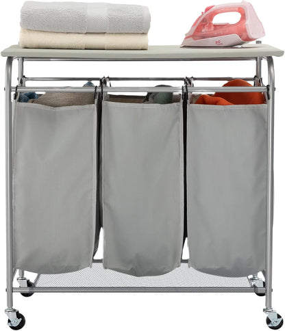 HollyHOME Rectangular Laundry Sorter with Folding Ironing Board, 3-Section Laundry Basket Sorter with Lockable Wheels for Laundry Bedroom Bathroom Living Room Grey