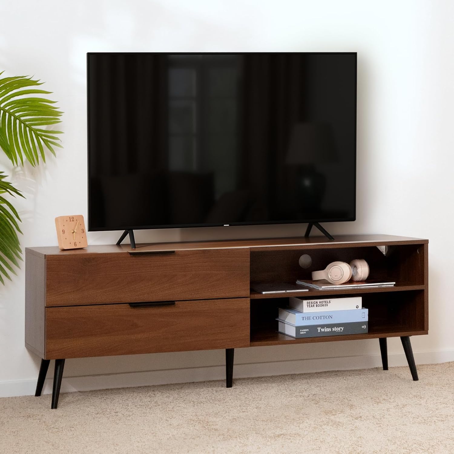 HollyHOME 53"(L) Retro Brown Wood TV Stand(with 2 Drawers）