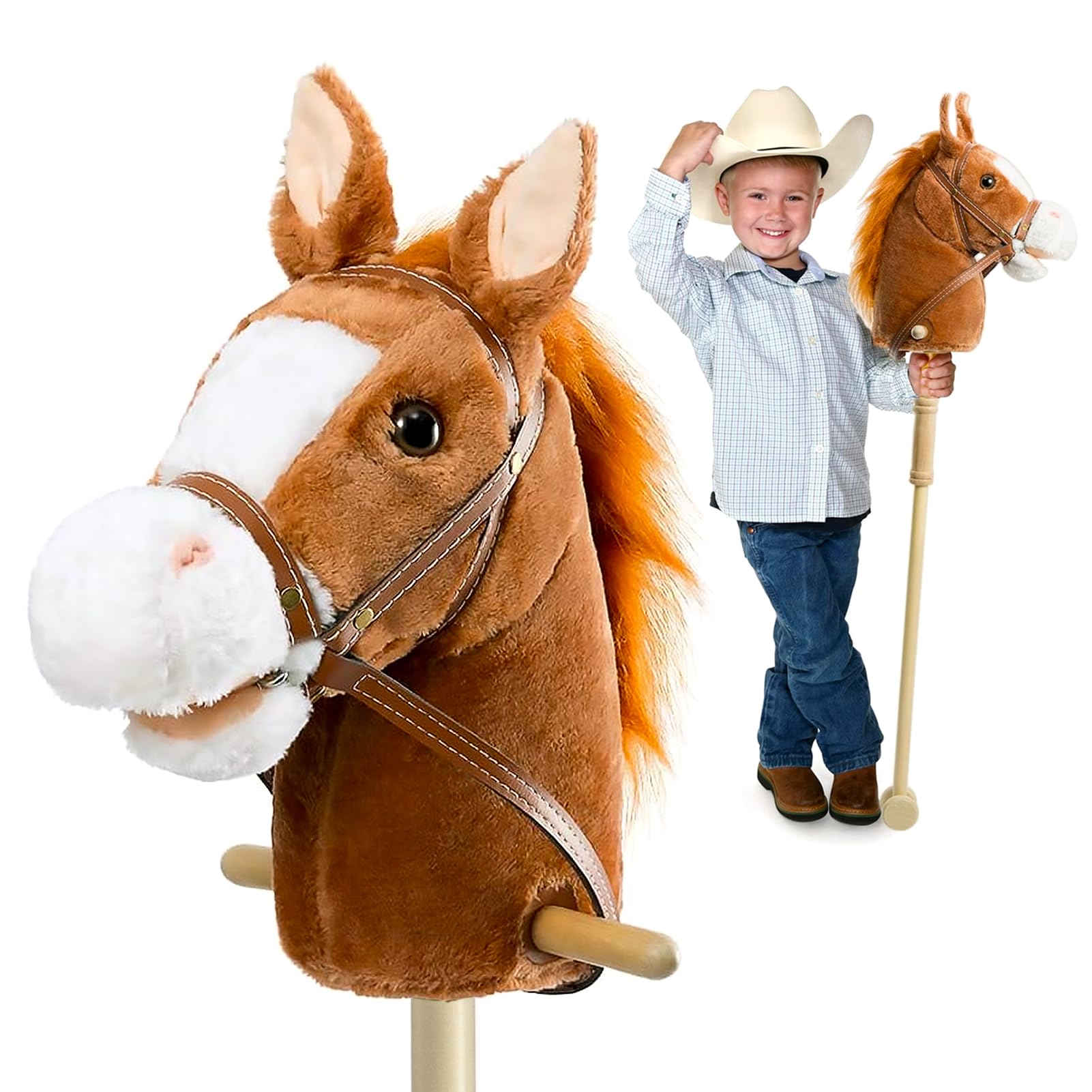 hollyhome-stick-horse-plush-handcrafted-hobby-horse-on-a-stick-with-wood-wheels-real-pony-neighing-and-galloping-sounds-for-kids-toddlers-dark-brown-36-inchesaa-batteries-required