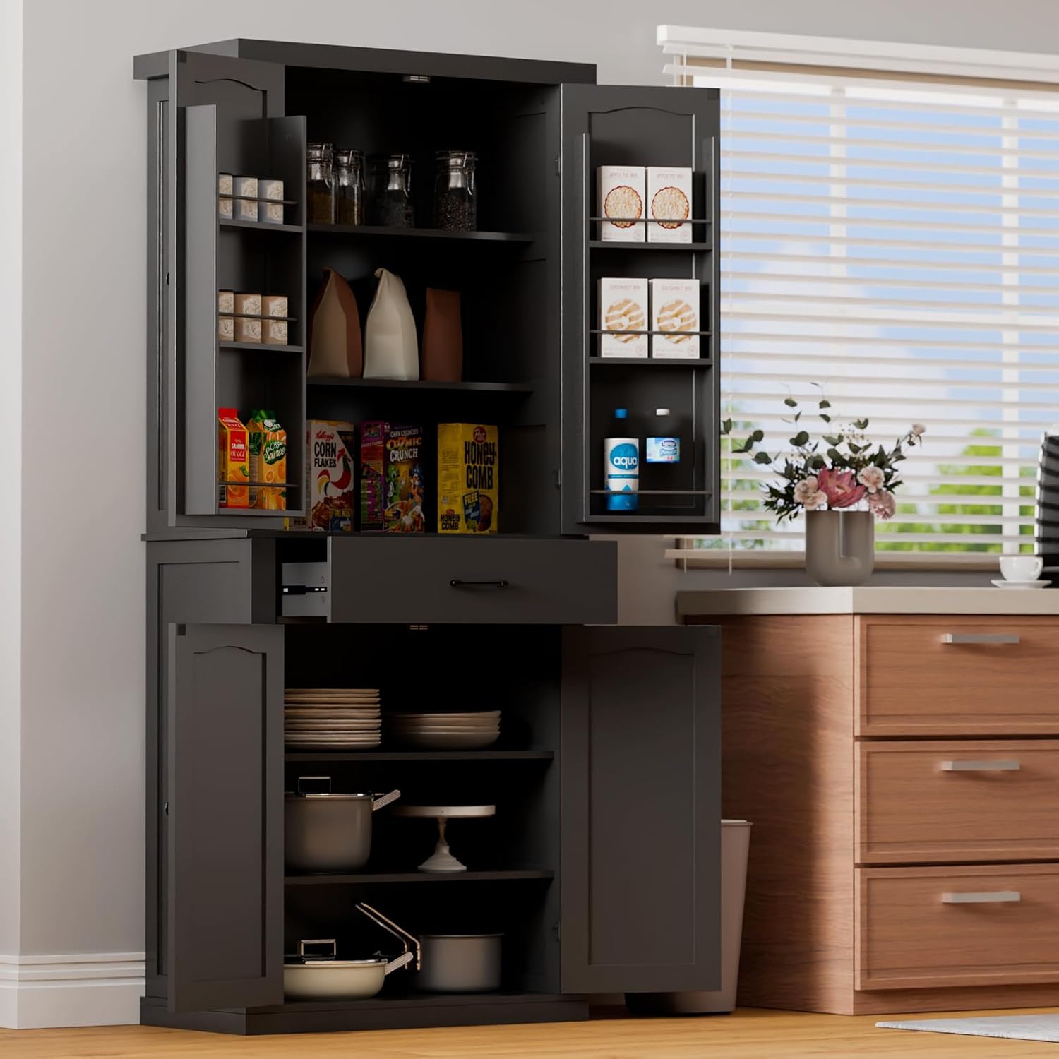 HollyHOME Kitchen Pantry Cabinet White（4-Door）