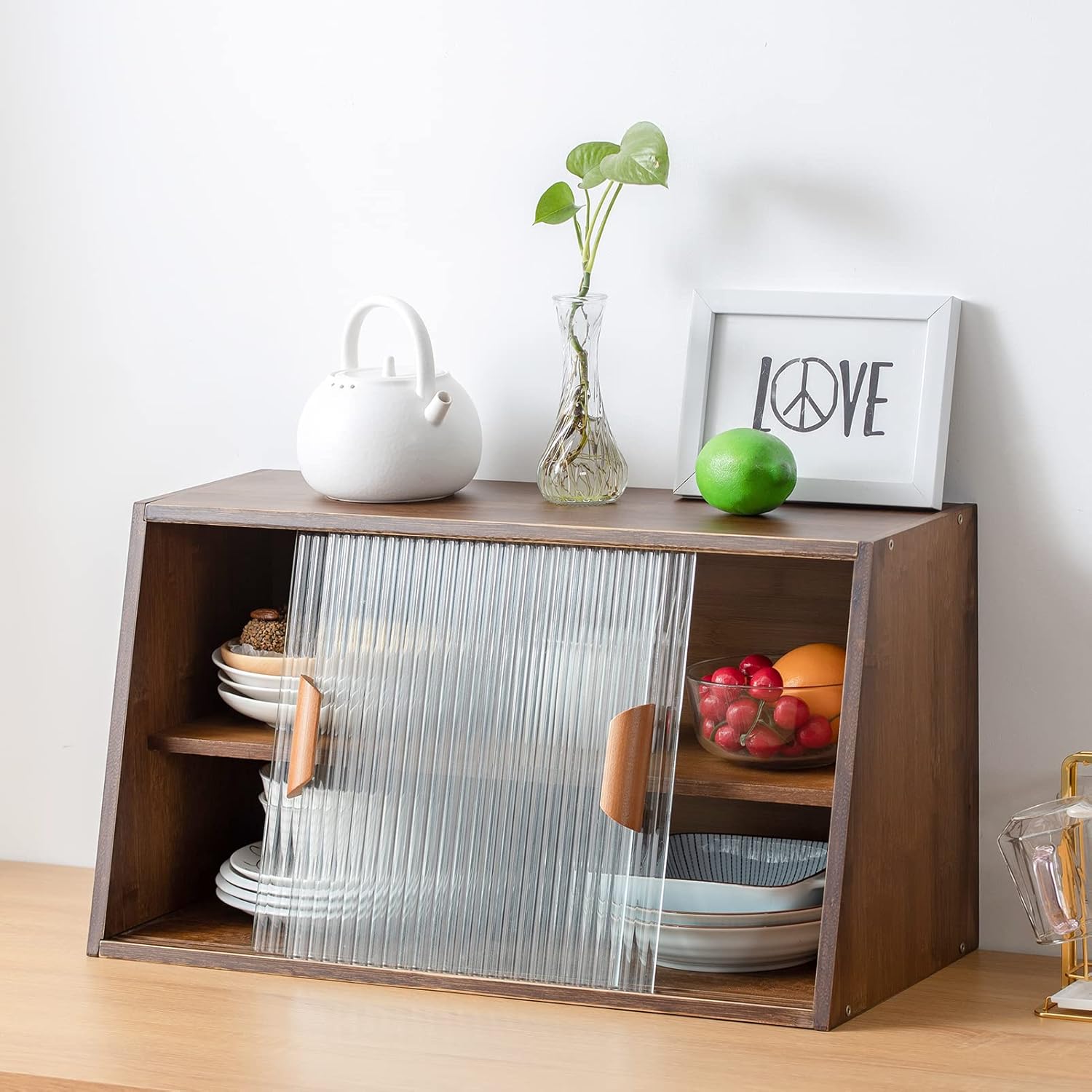 HollyHOME Small Bamboo Kitchen Pantry Sideboard with 2 Sliding Striped Glass Doors, Freestanding Countertop Storage Cabinet for Bottles, Dish, Bowl, Console Dining Cupboard, Walnut