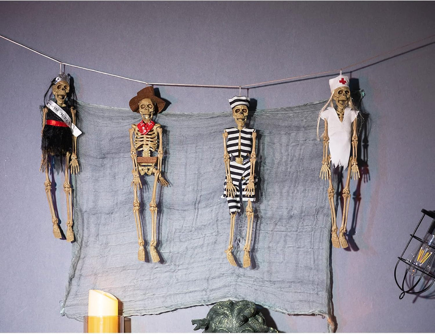 HollyHOME 4 Pieces Halloween Hanging Skeleton Props Skeleton Figures with Dress Haunted House Halloween Party Supplies Halloween Decorations Outdoor 17 Inch