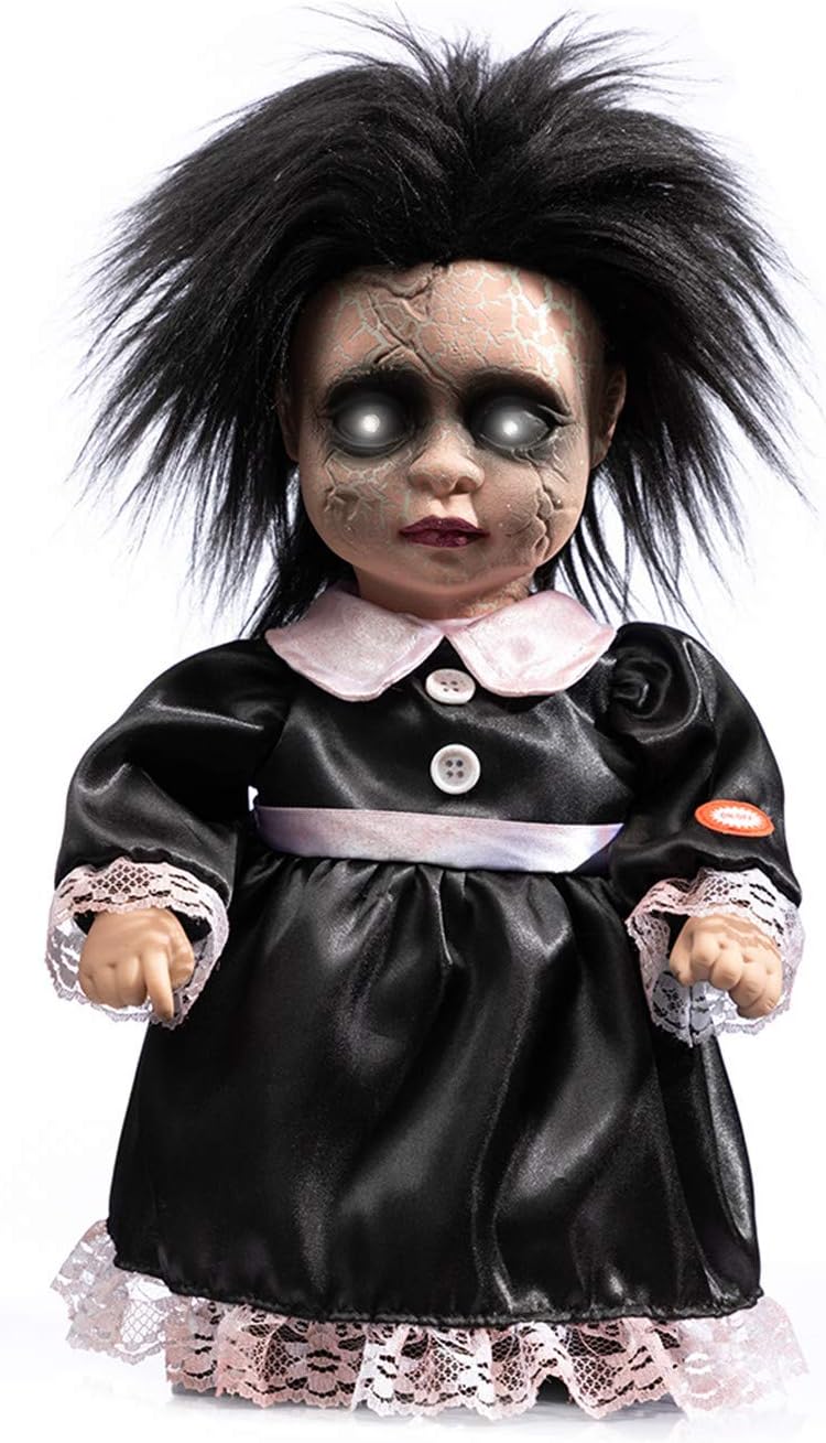 HollyHOME Creepy Animated Haunted Doll Prop Walking Doll with Glowing Eyes and Swinging Head Halloween Indoor Decorations