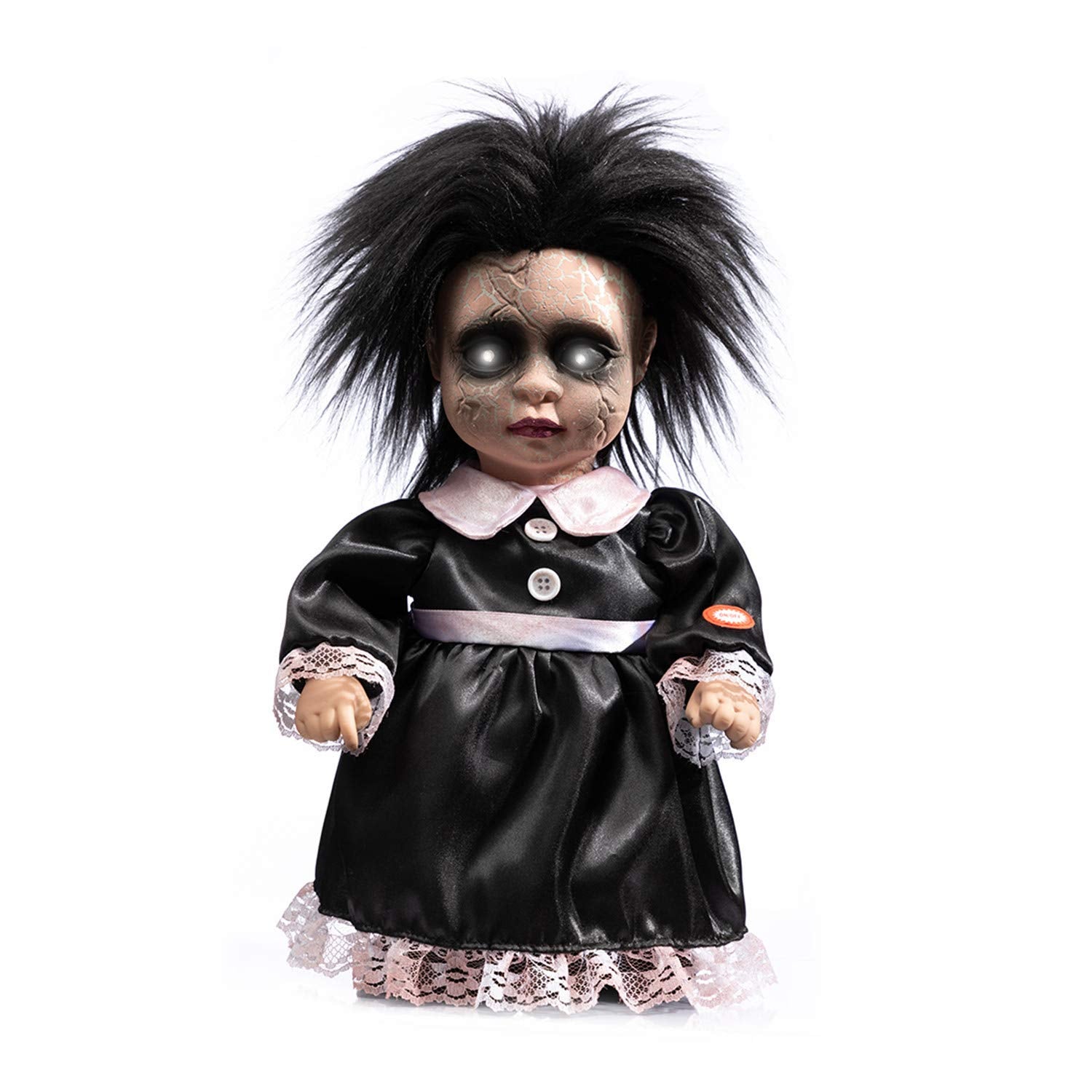 HollyHOME Creepy Animated Haunted Doll Prop Walking Doll with Glowing Eyes and Swinging Head Halloween Indoor Decorations