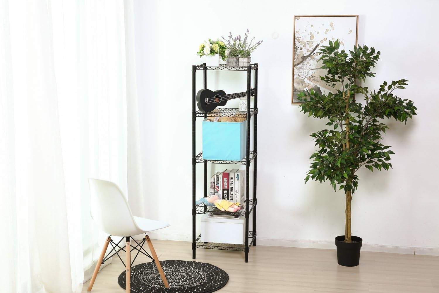 HollyHOME 5 Shelves Adjustable Steel Wire Shelving Rack in Small Space or Room Corner, Metal Heavy Duty Storage Shelf, Utility Rack, Bathroom Storage Tower Kitchen Shelving, Thicken Tube, Black