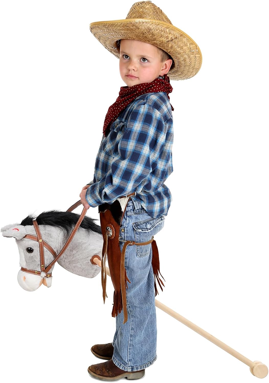 HollyHOME Stick Horse Plush Handcrafted Hobby Horse on a Stick with Wood Wheels Real Pony Neighing and Galloping Sounds for Kids Toddlers Beige 36 Inches(AA Batteries Required)