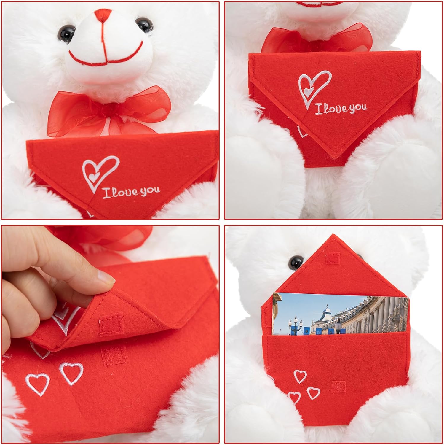 HollyHOME Teddy Bear Stuffed Animal Plush Bear with Red Bow Holding a Picture Frame Soft Plush Toy Christmas Valentine's Day Gift 12 Inches White