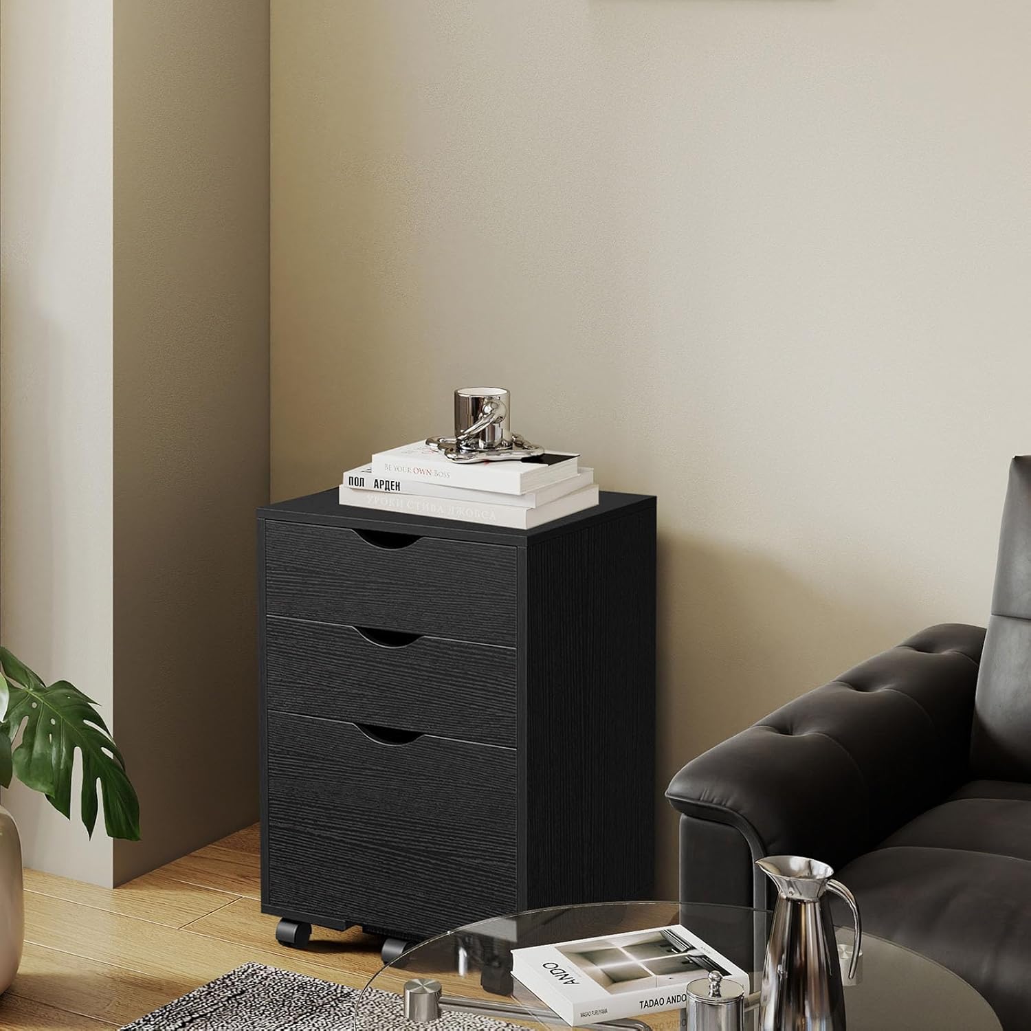 HollyHOME Black 3-Drawer Wood File Cabinet