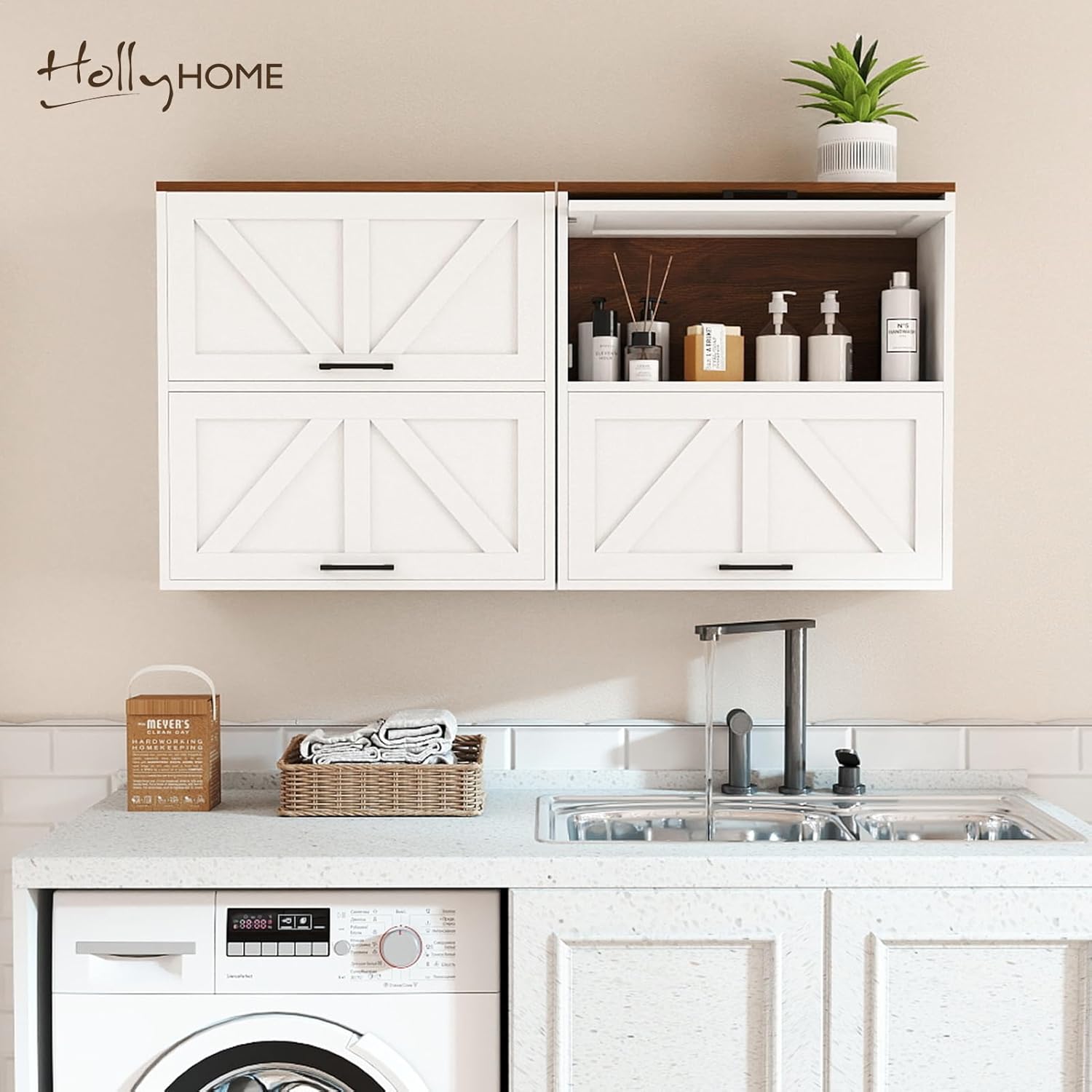 HollyHOME Farmhouse Wall Wood Medicine Cabinet for Bathroom, Kitchen, Living Room, White & Walnut Finish