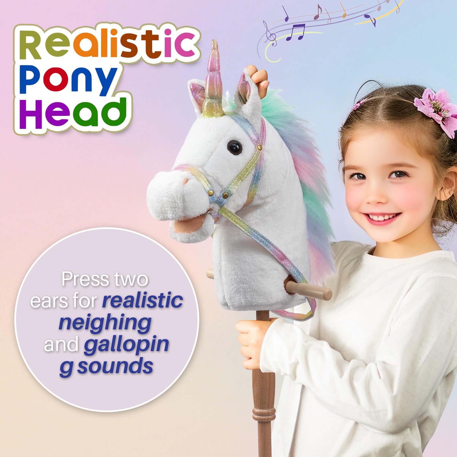 HollyHOME Unicorn Stick Horse with Wood Wheels Real Pony Neighing and Galloping Sounds Plush Unicorn Toy Pink with Rainbow Mane 36 Inches(AA Batteries Required)