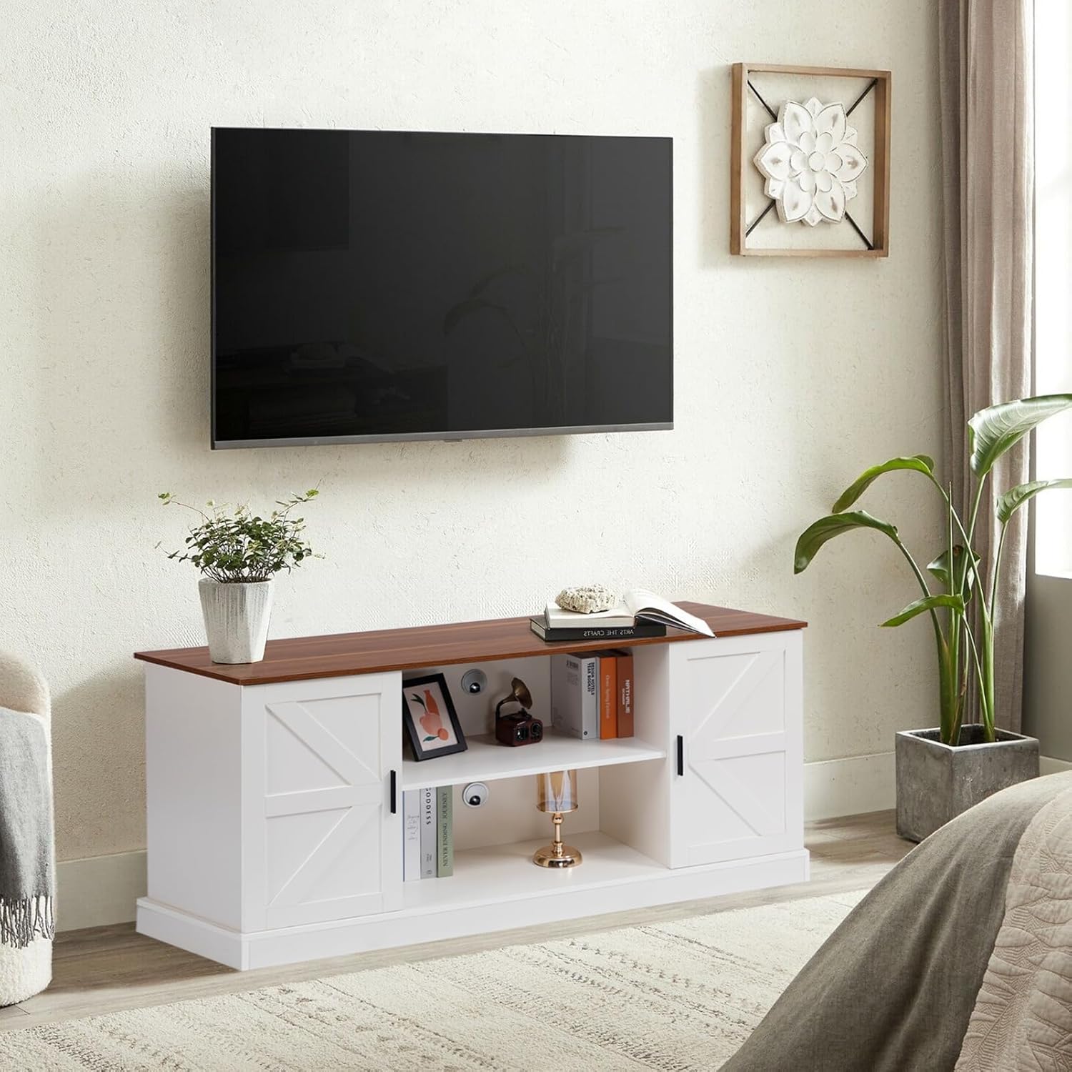 HollyHOME White Farmhouse TV Stand for Televisions up to 65”