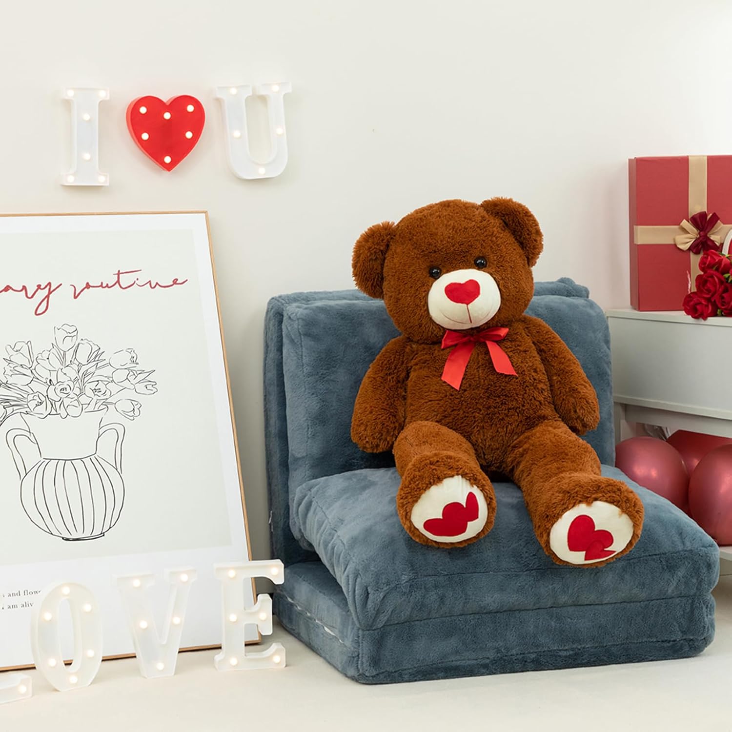 HollyHOME Big Teddy Bear Stuffed Animal Large Bear Plush with Red Heart for Girlfriend and Kids Valentine's Day 36 inch Beige