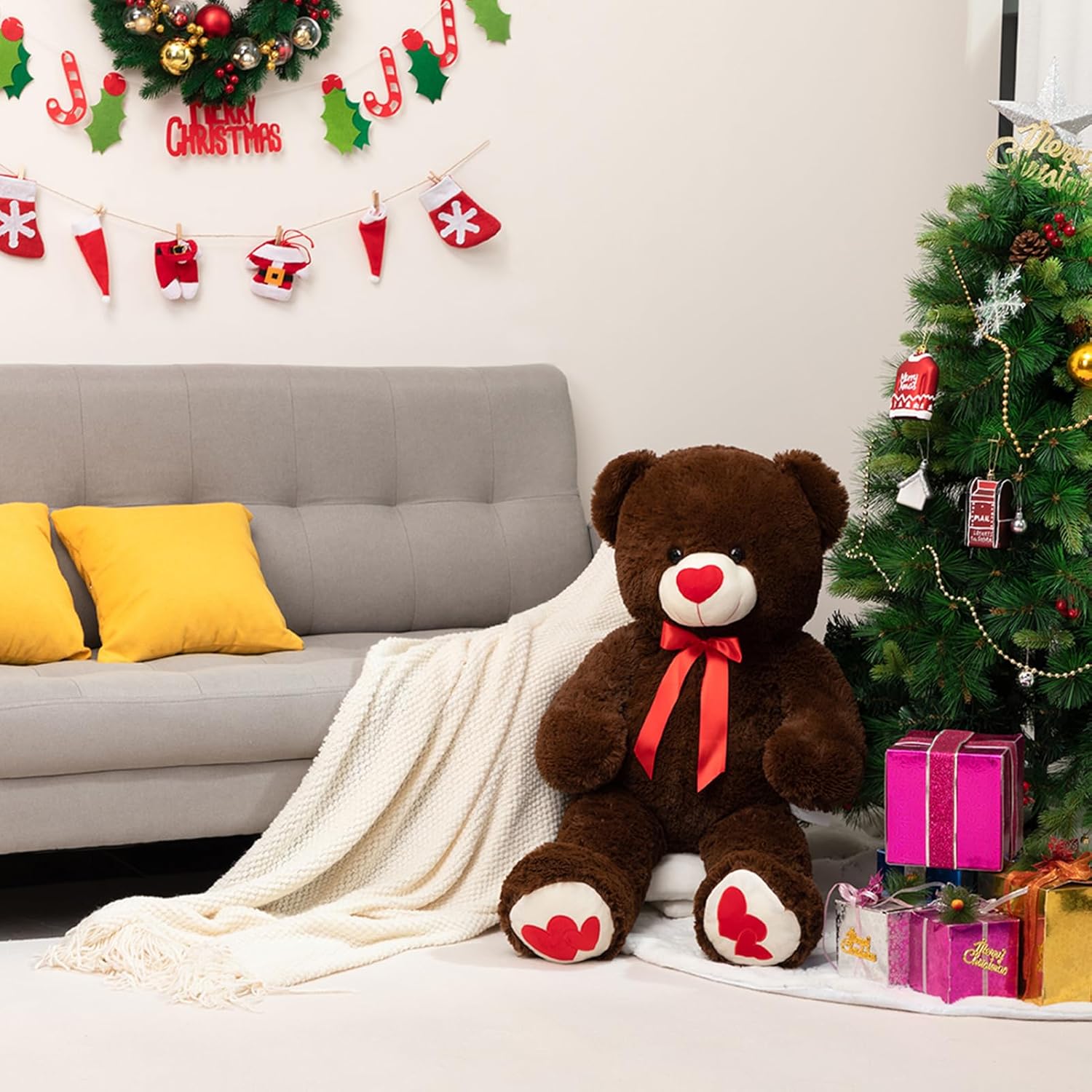 HollyHOME Big Teddy Bear Stuffed Animal Large Bear Plush with Red Heart for Girlfriend and Kids Holiday Toy Gift 36 inch Brown